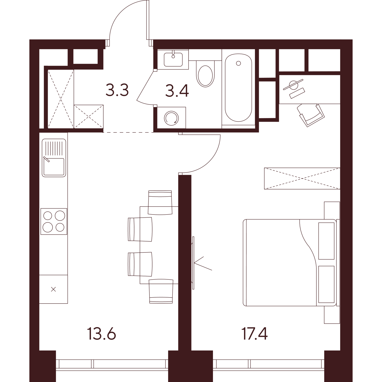 Планировка: 1-комнатная квартира, 37,7 м²