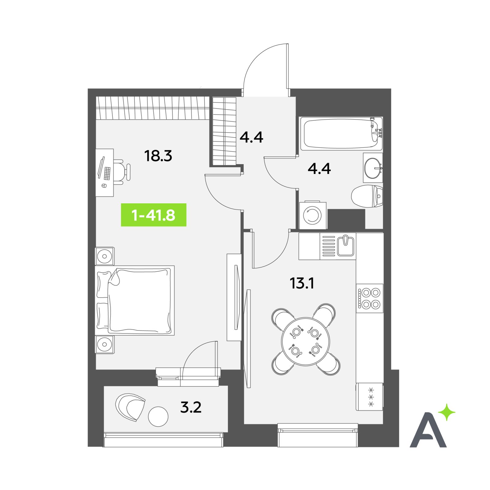 Планировка: 1-комнатная квартира, 41,8 м²