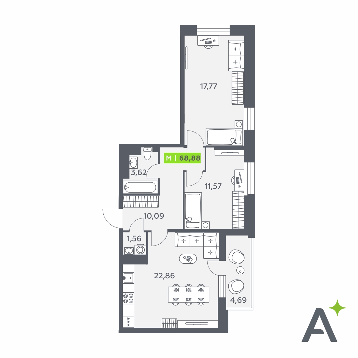 Планировка: 3-комнатная квартира, 68,9 м²