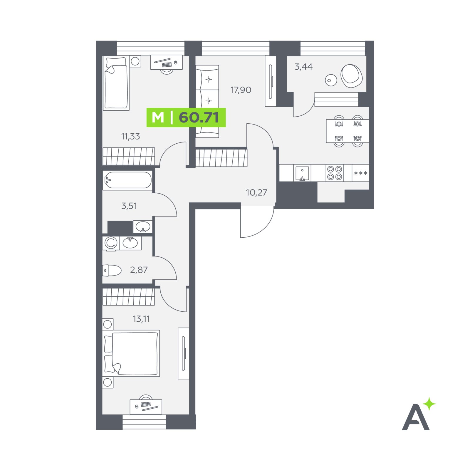 Планировка: 3-комнатная квартира, 60,7 м²