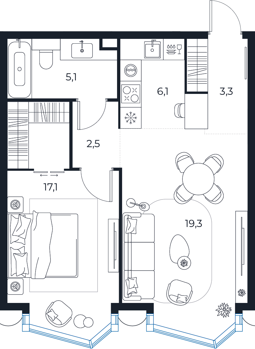 Планировка: 1-комнатная квартира, 53,4 м²