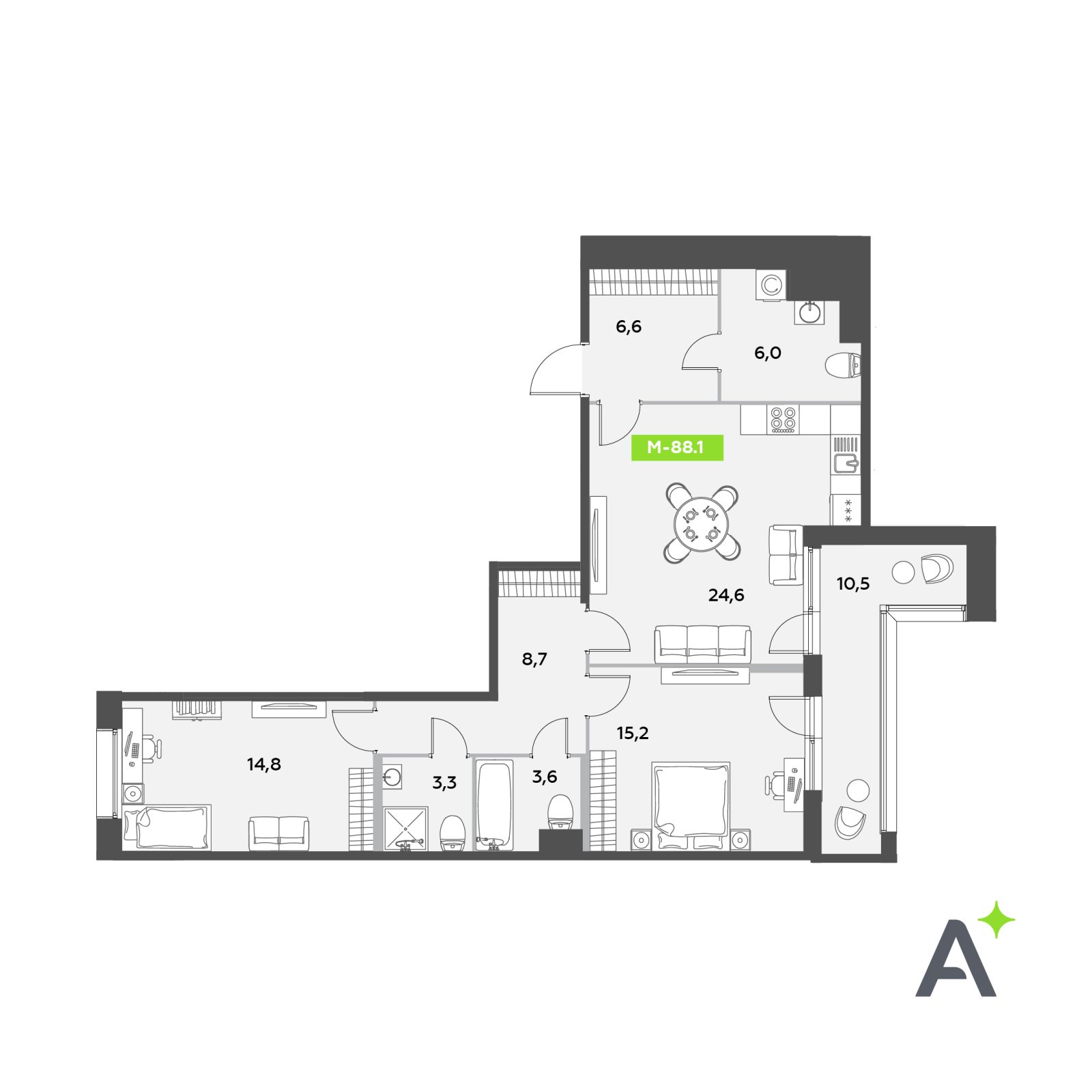 Планировка: 3-комнатная квартира, 88,1 м²