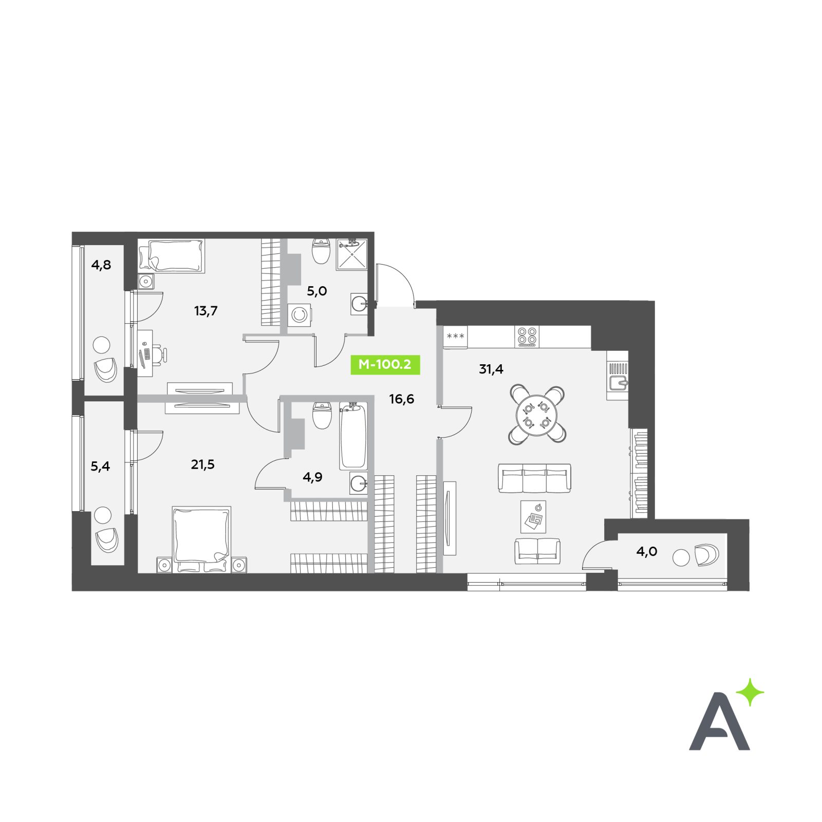 Планировка: 3-комнатная квартира, 100,2 м²