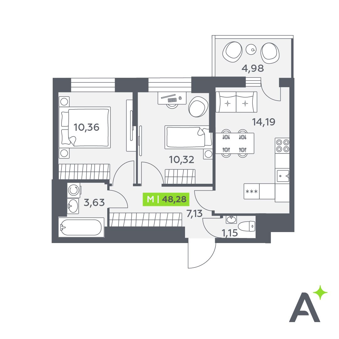 Планировка: 3-комнатная квартира, 48,3 м²