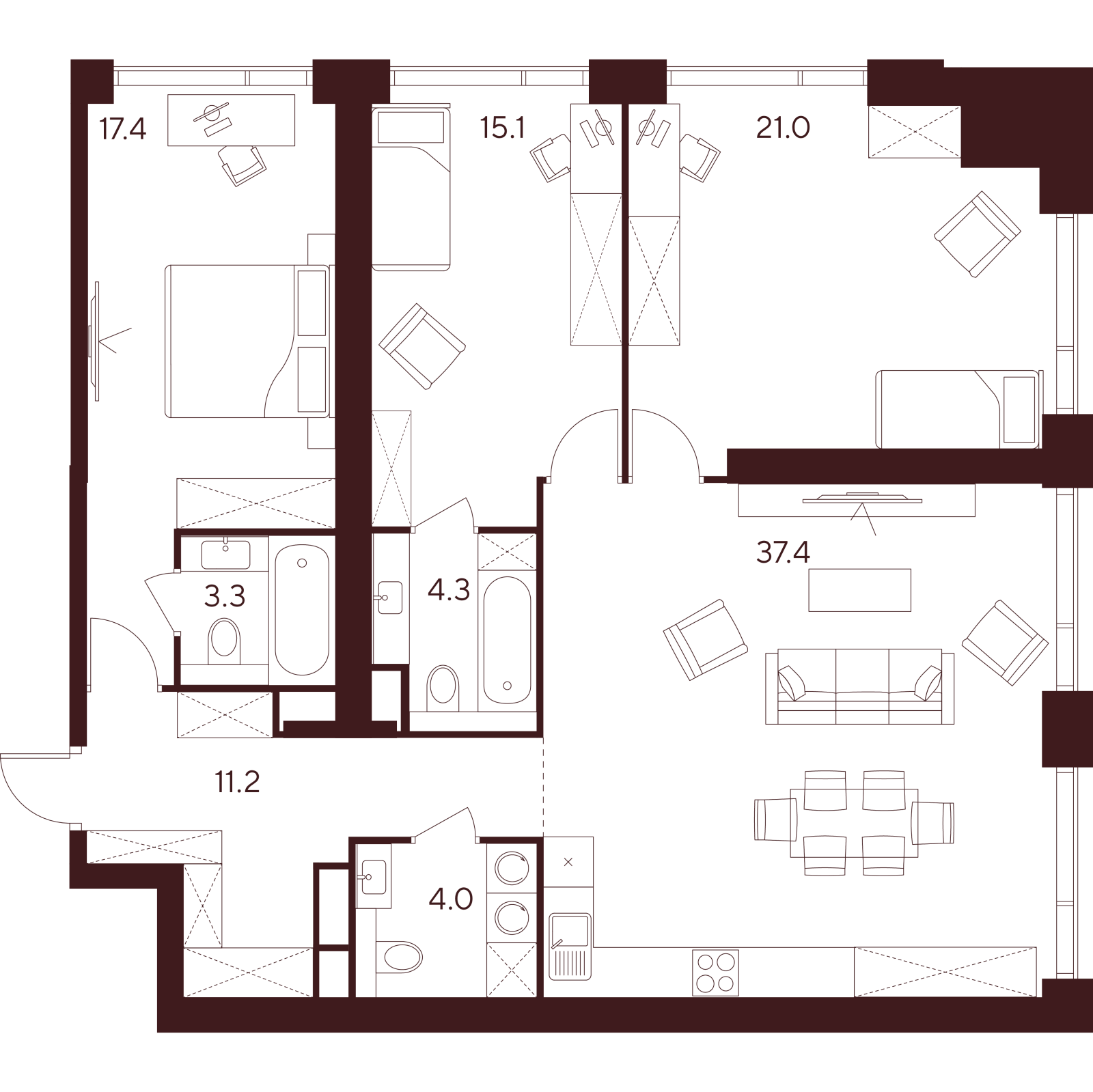 Планировка: 4-комнатная квартира, 113,7 м²