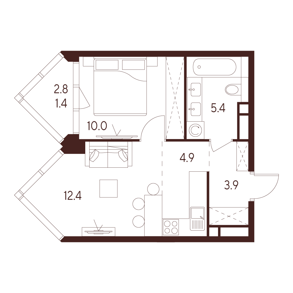 Планировка: 2-комнатная квартира, 38,0 м²