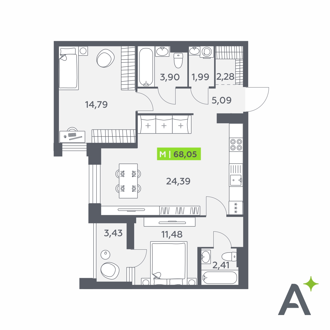 Планировка: 3-комнатная квартира, 68,1 м²