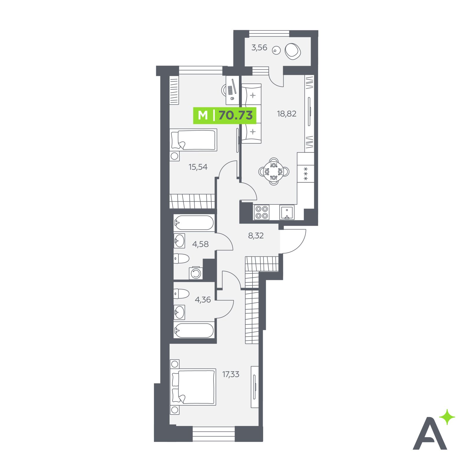 Планировка: 3-комнатная квартира, 70,7 м²