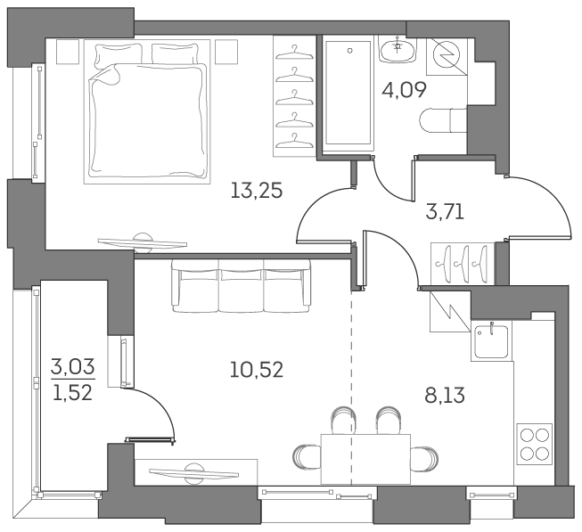 Планировка: 2-комнатная квартира, 41,2 м²