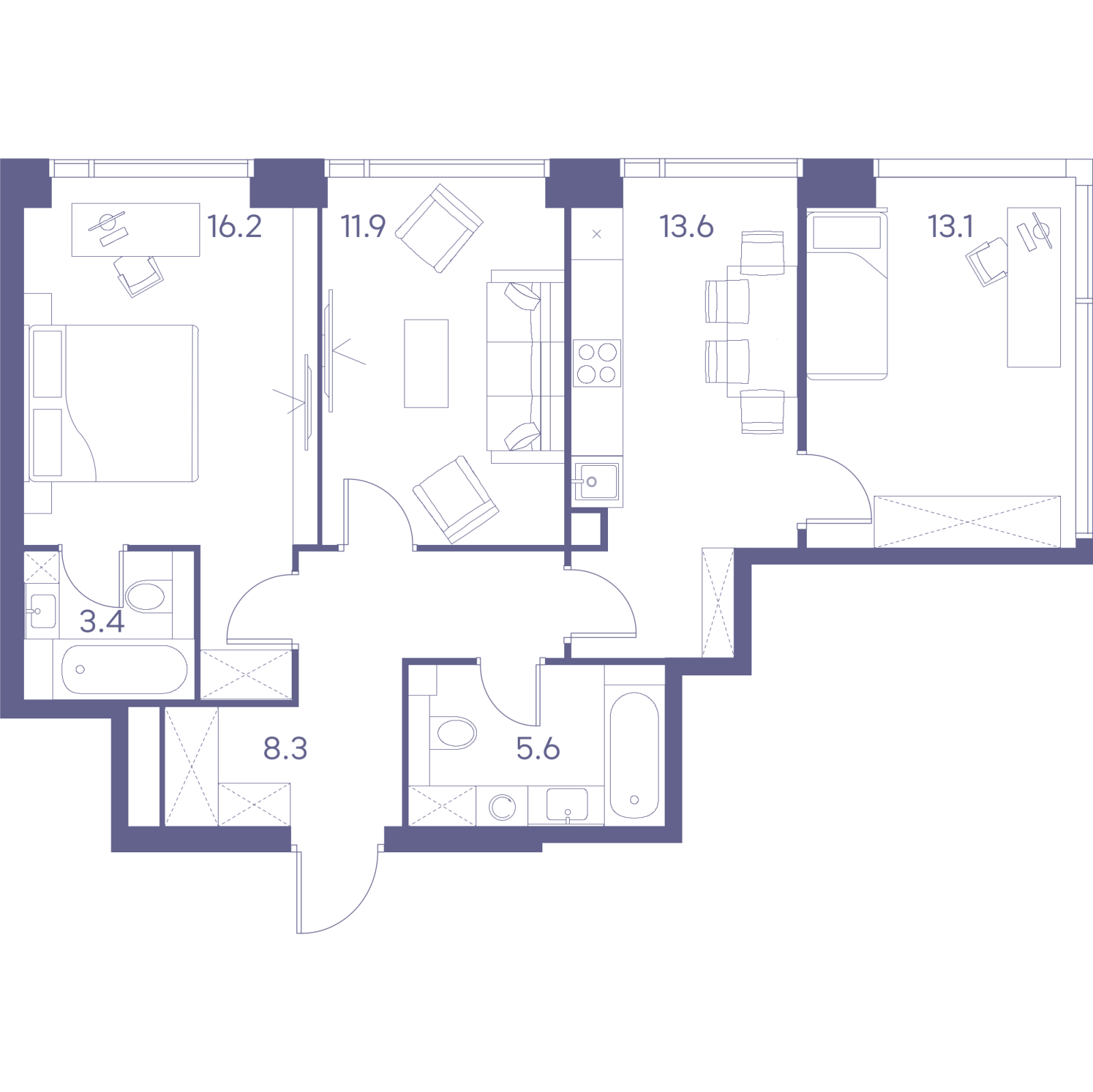 Планировка: 3-комнатная квартира, 72,1 м²