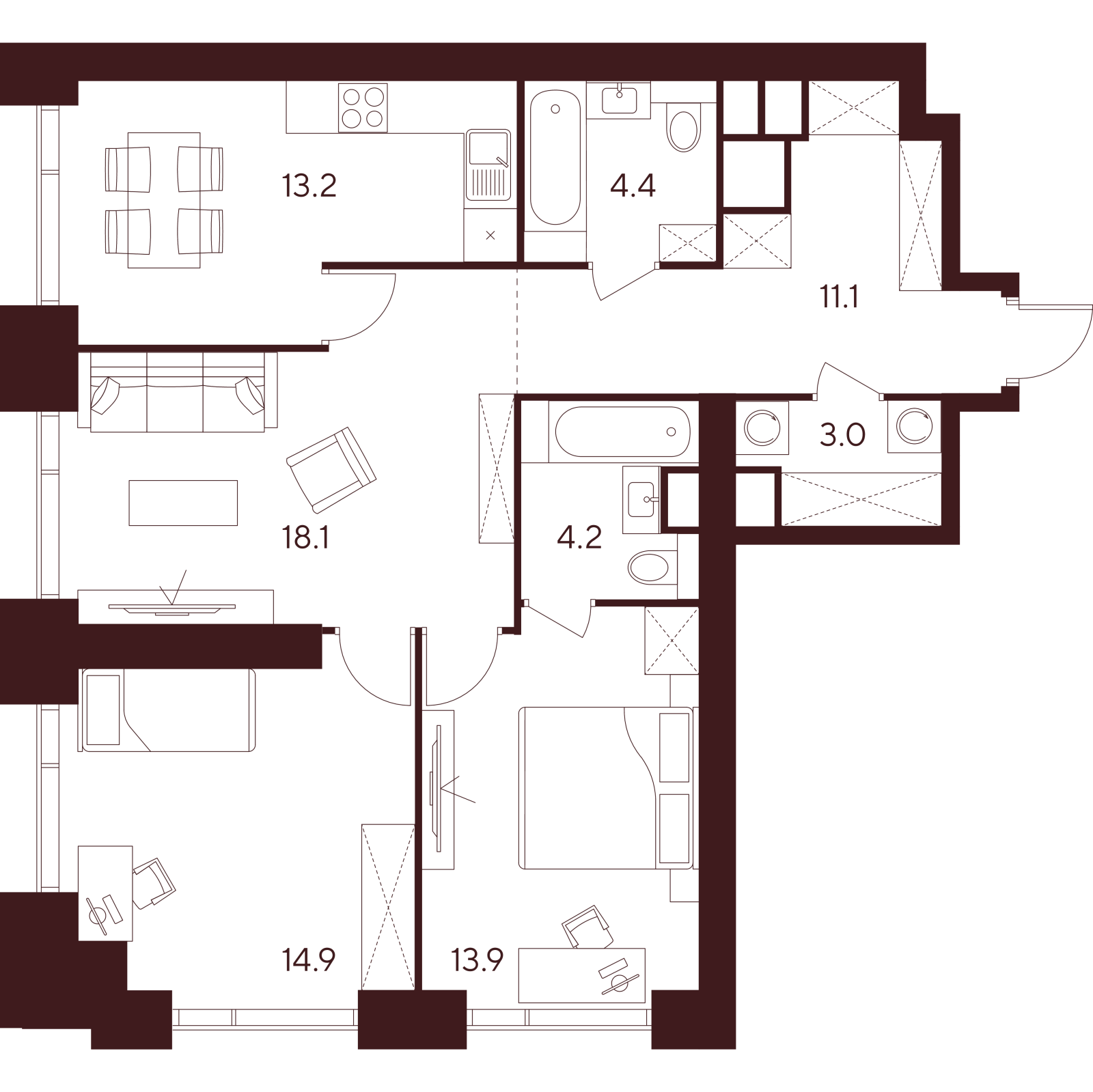 Планировка: 3-комнатная квартира, 82,8 м²