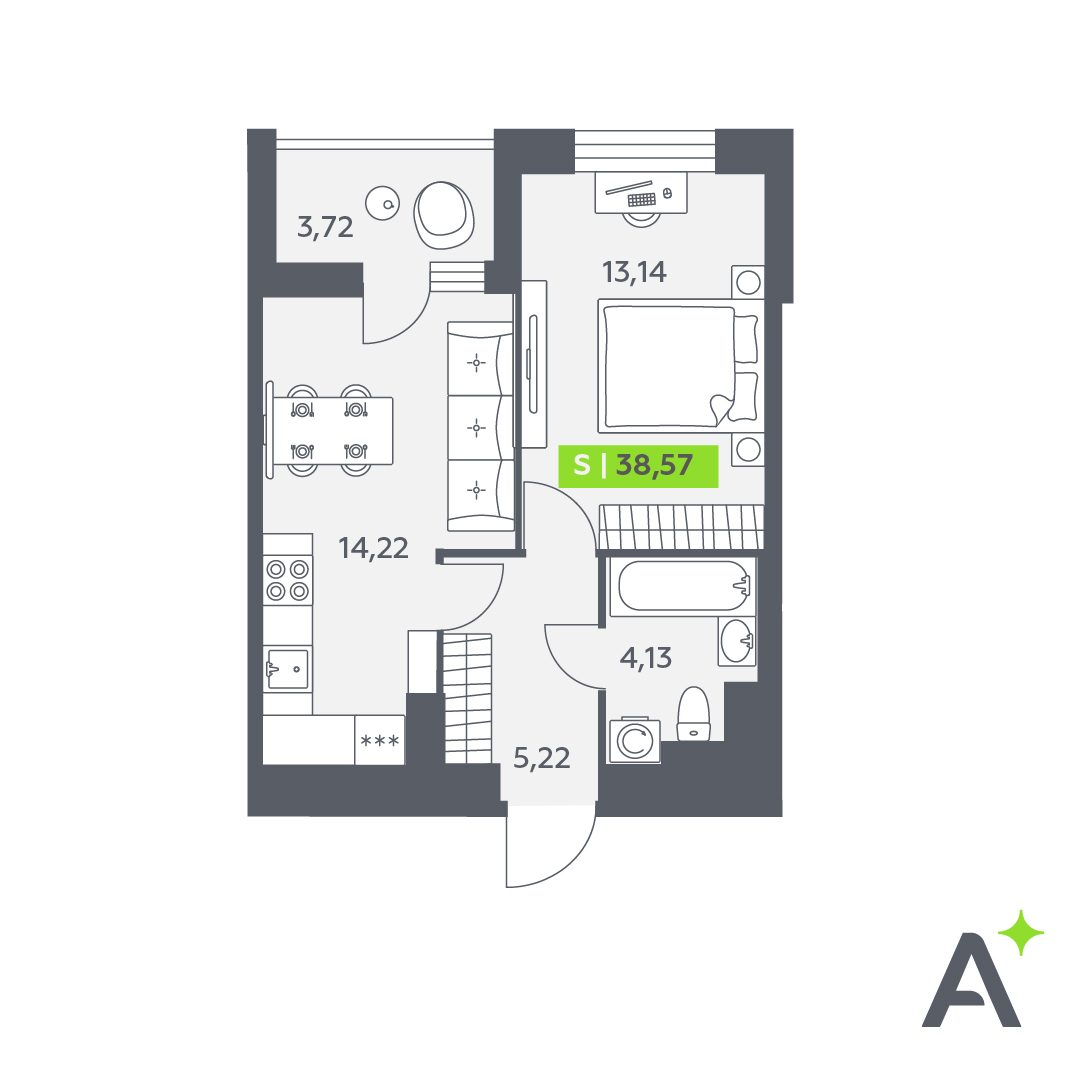 Планировка: 2-комнатная квартира, 38,6 м²