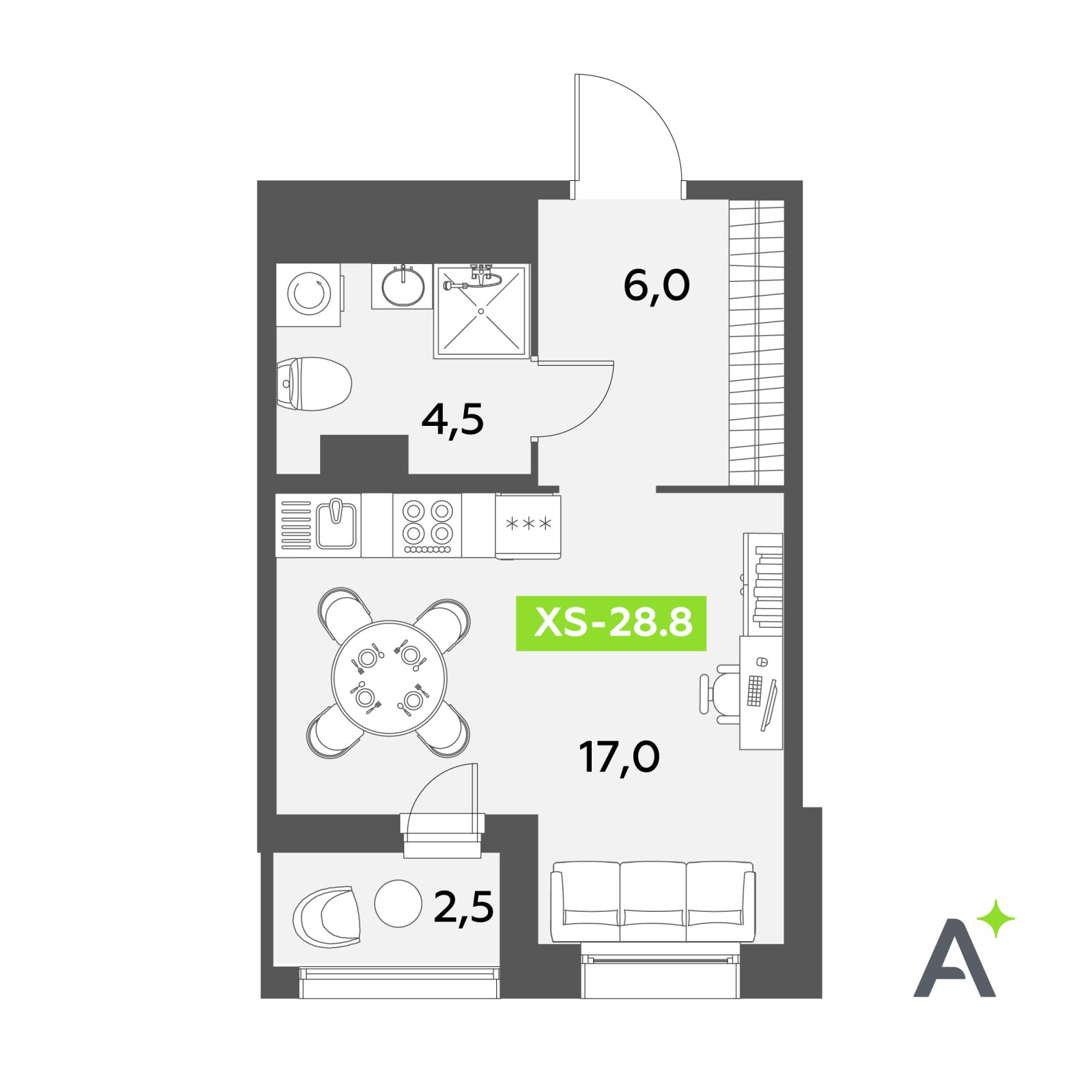Планировка: студия, 28,8 м²