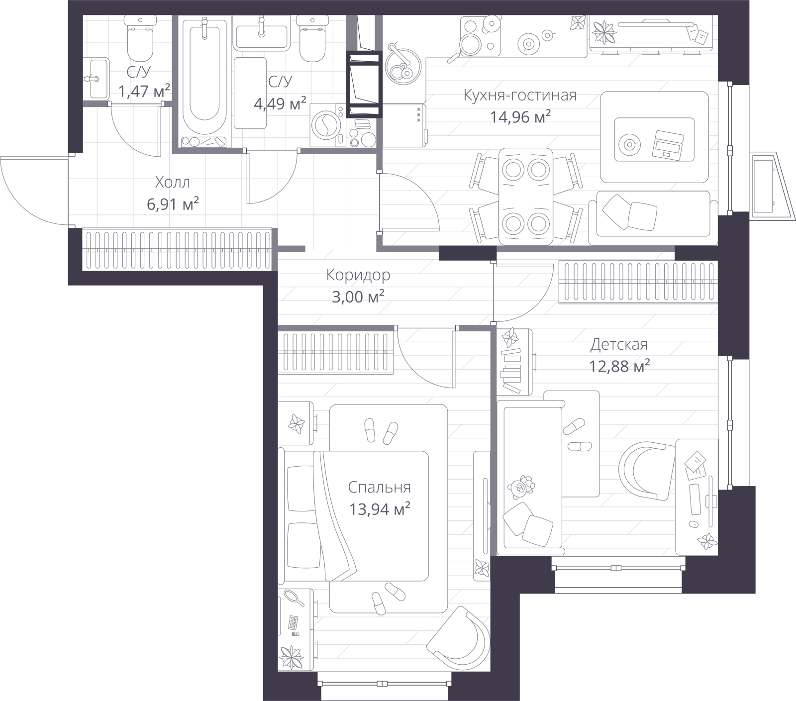 Планировка: 3-комнатная квартира, 57,7 м²