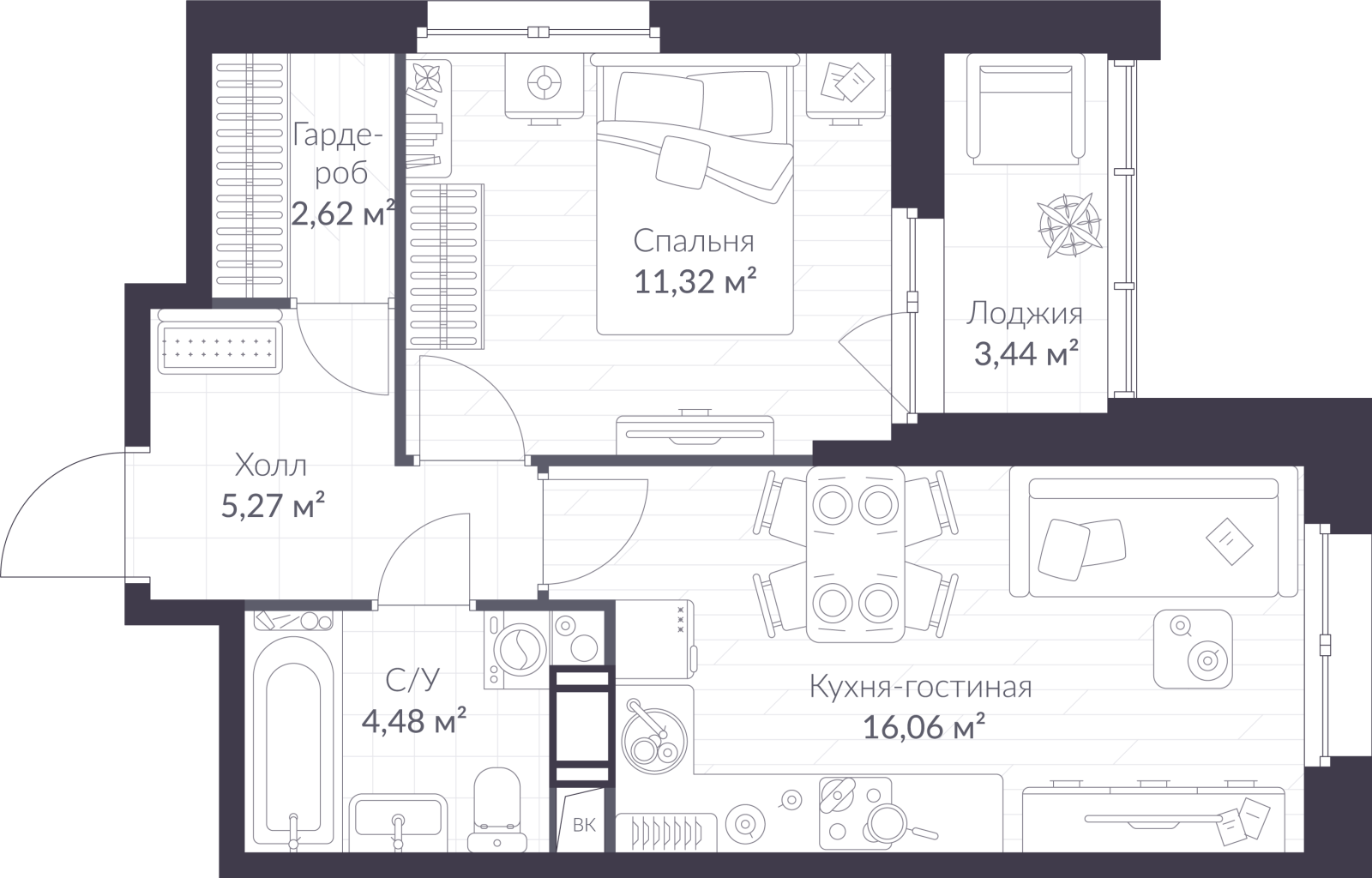 Планировка: 2-комнатная квартира, 41,5 м²