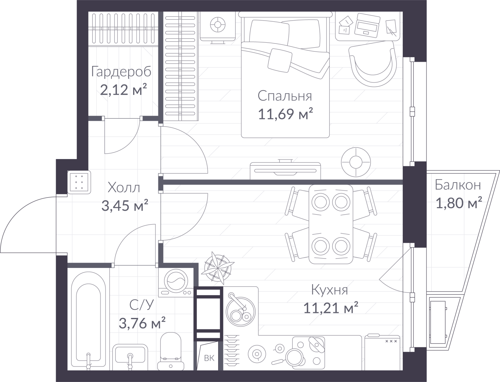 Планировка: 1-комнатная квартира, 32,8 м²