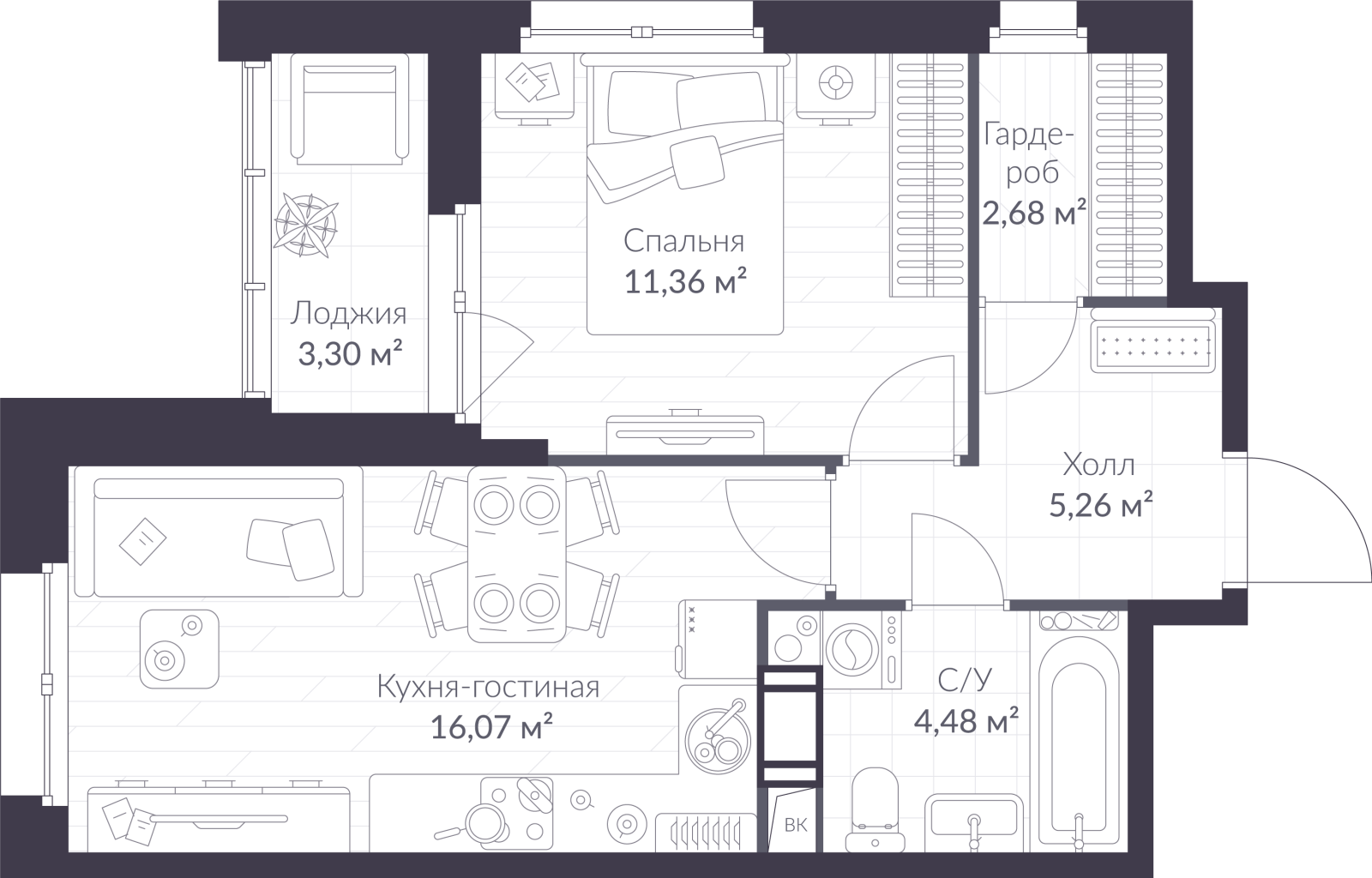 Планировка: 2-комнатная квартира, 41,5 м²