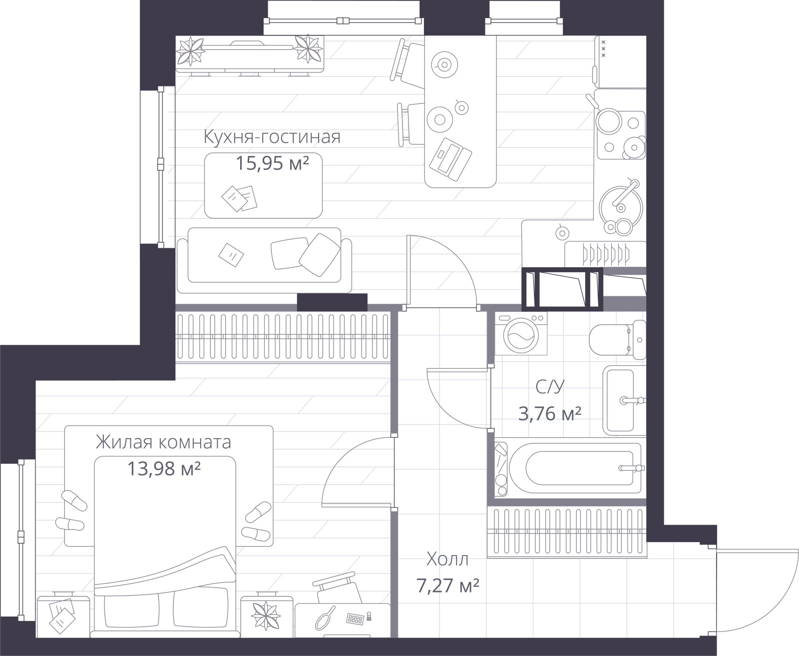 Планировка: 2-комнатная квартира, 41,0 м²