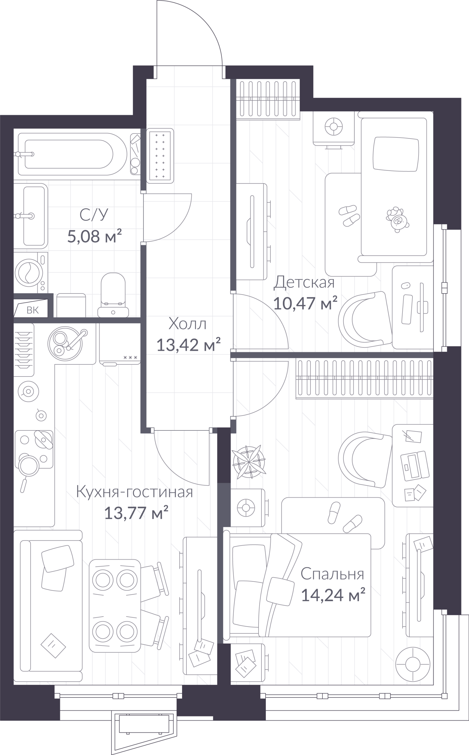 Планировка: 3-комнатная квартира, 49,8 м²