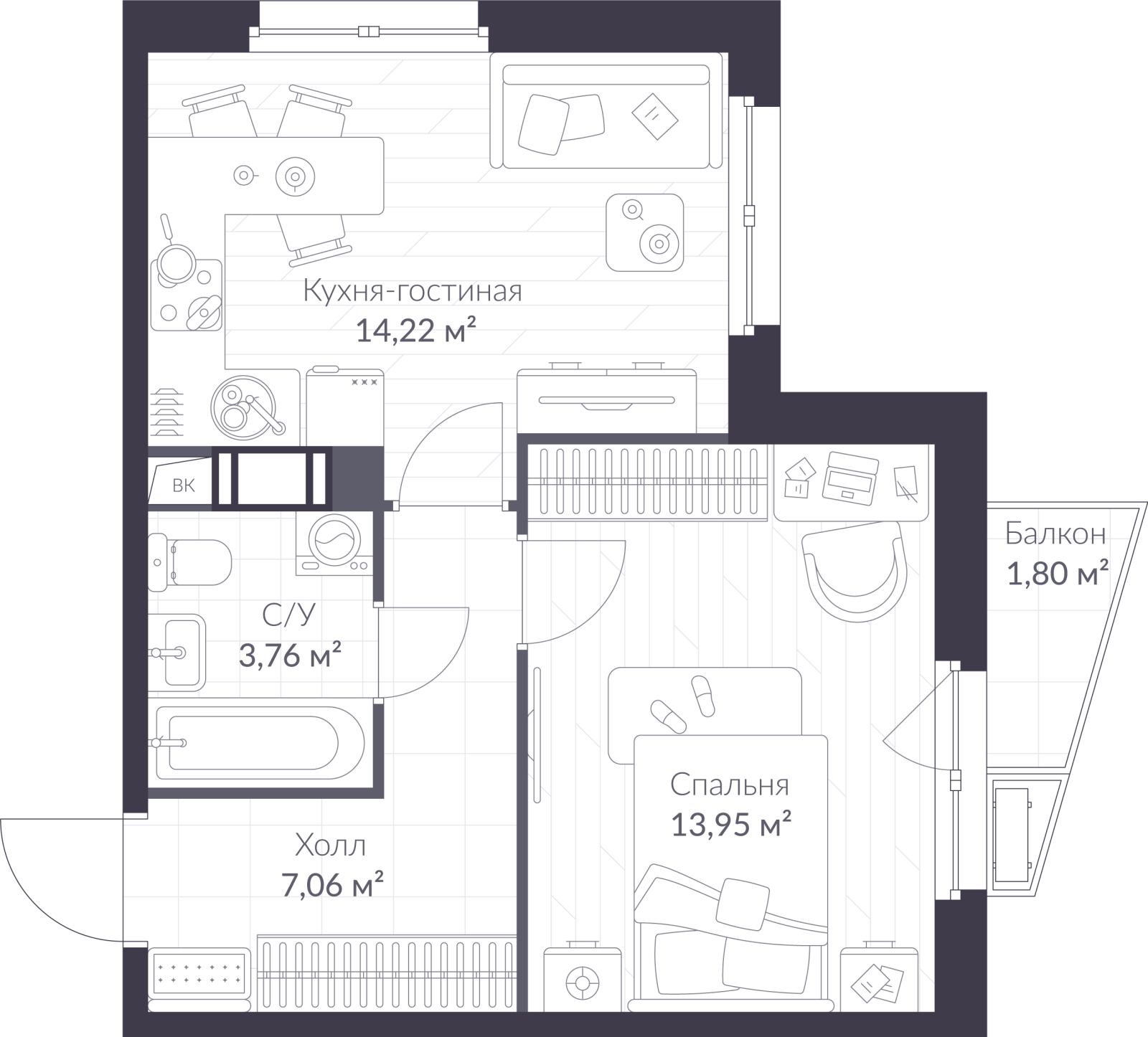 Планировка: 2-комнатная квартира, 39,5 м²