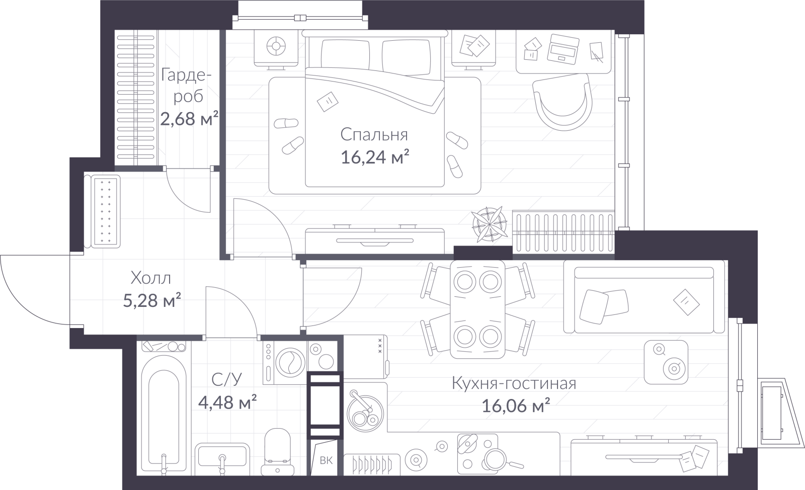 Планировка: 2-комнатная квартира, 44,7 м²