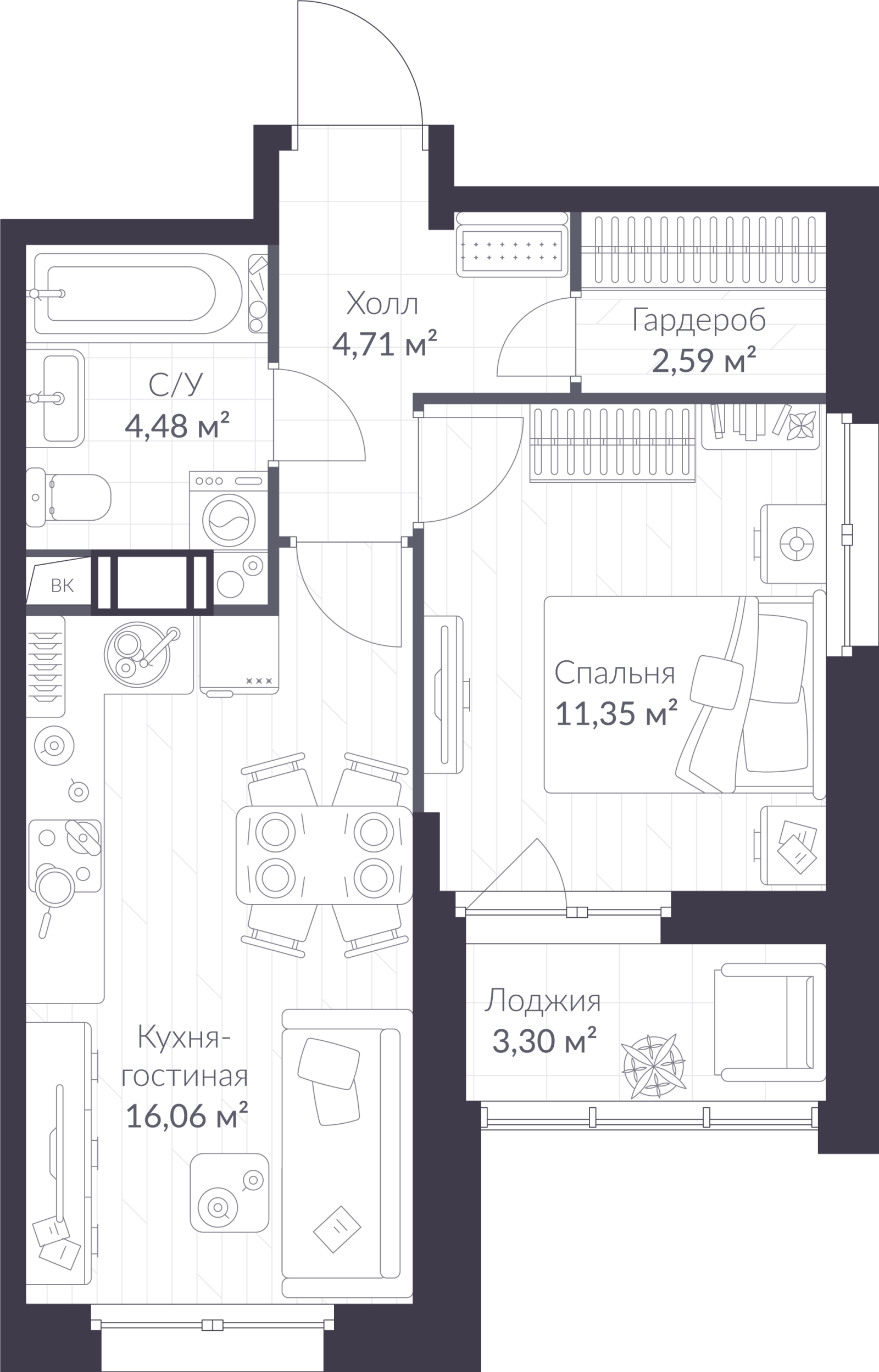 Планировка: 2-комнатная квартира, 40,8 м²