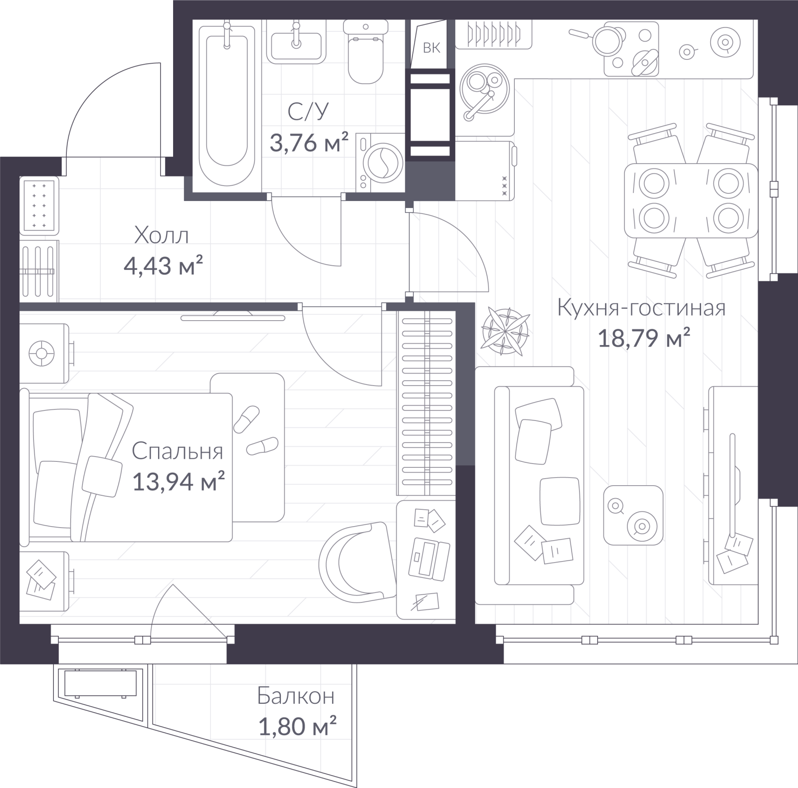 Планировка: 2-комнатная квартира, 41,5 м²