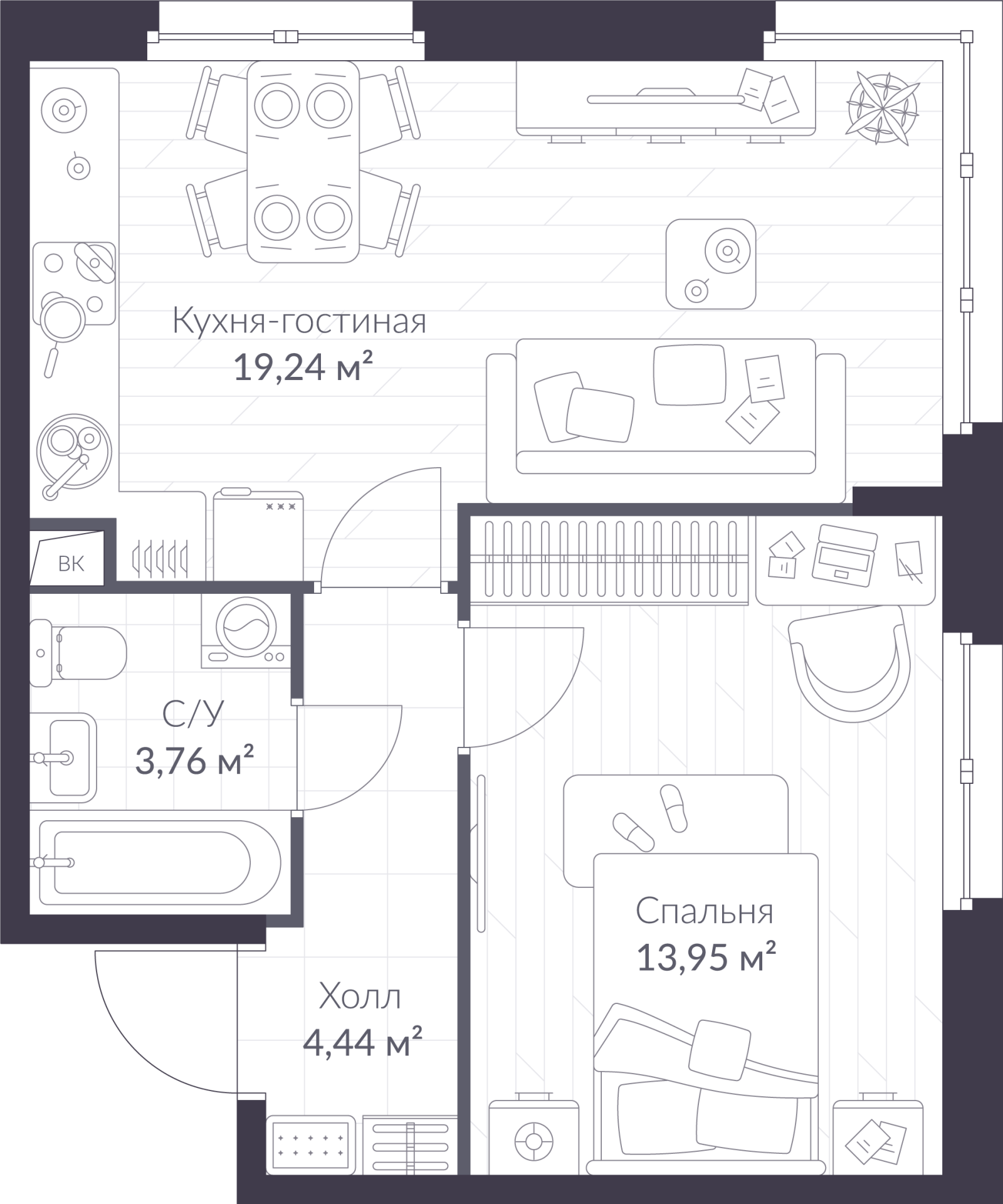 Планировка: 2-комнатная квартира, 41,4 м²