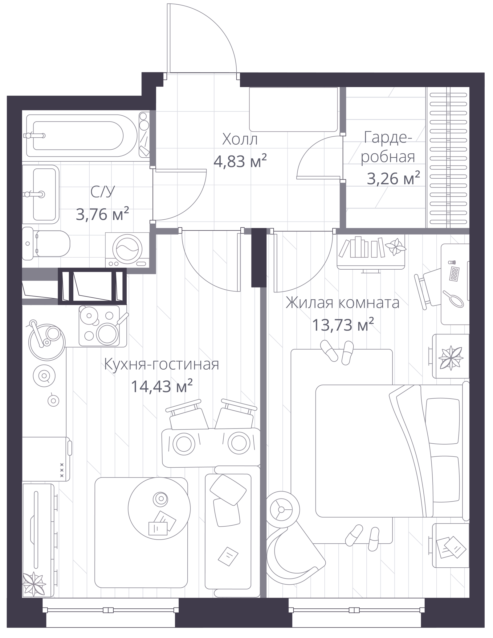 Планировка: 2-комнатная квартира, 40,2 м²