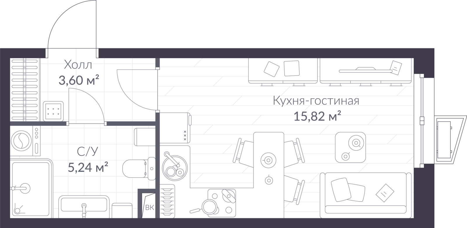 Планировка: студия, 24,7 м²