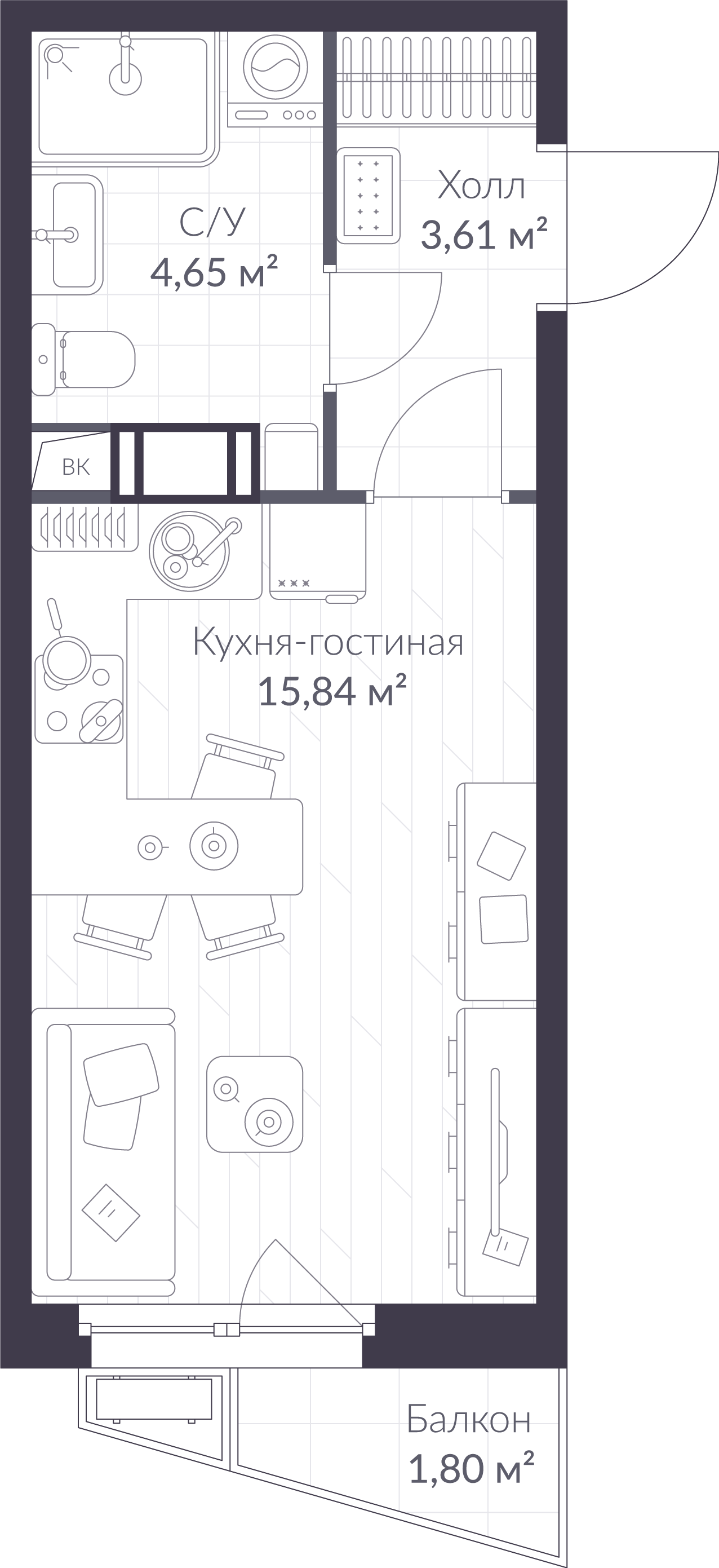 Планировка: студия, 24,6 м²