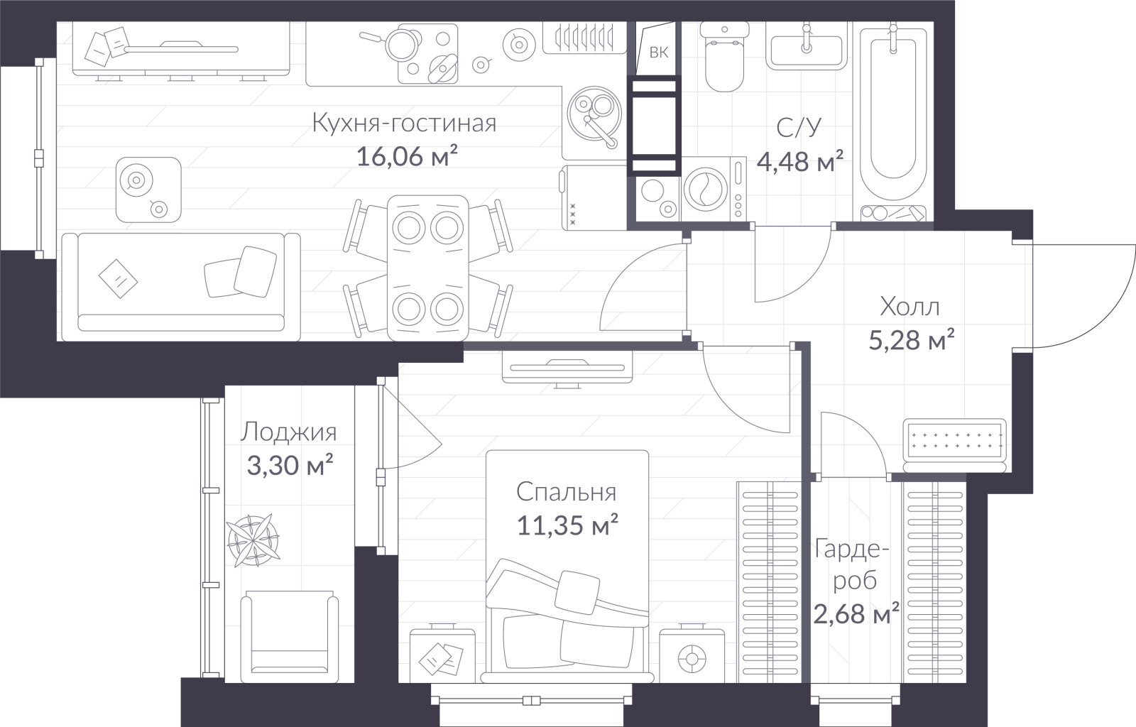 Планировка: 2-комнатная квартира, 41,5 м²