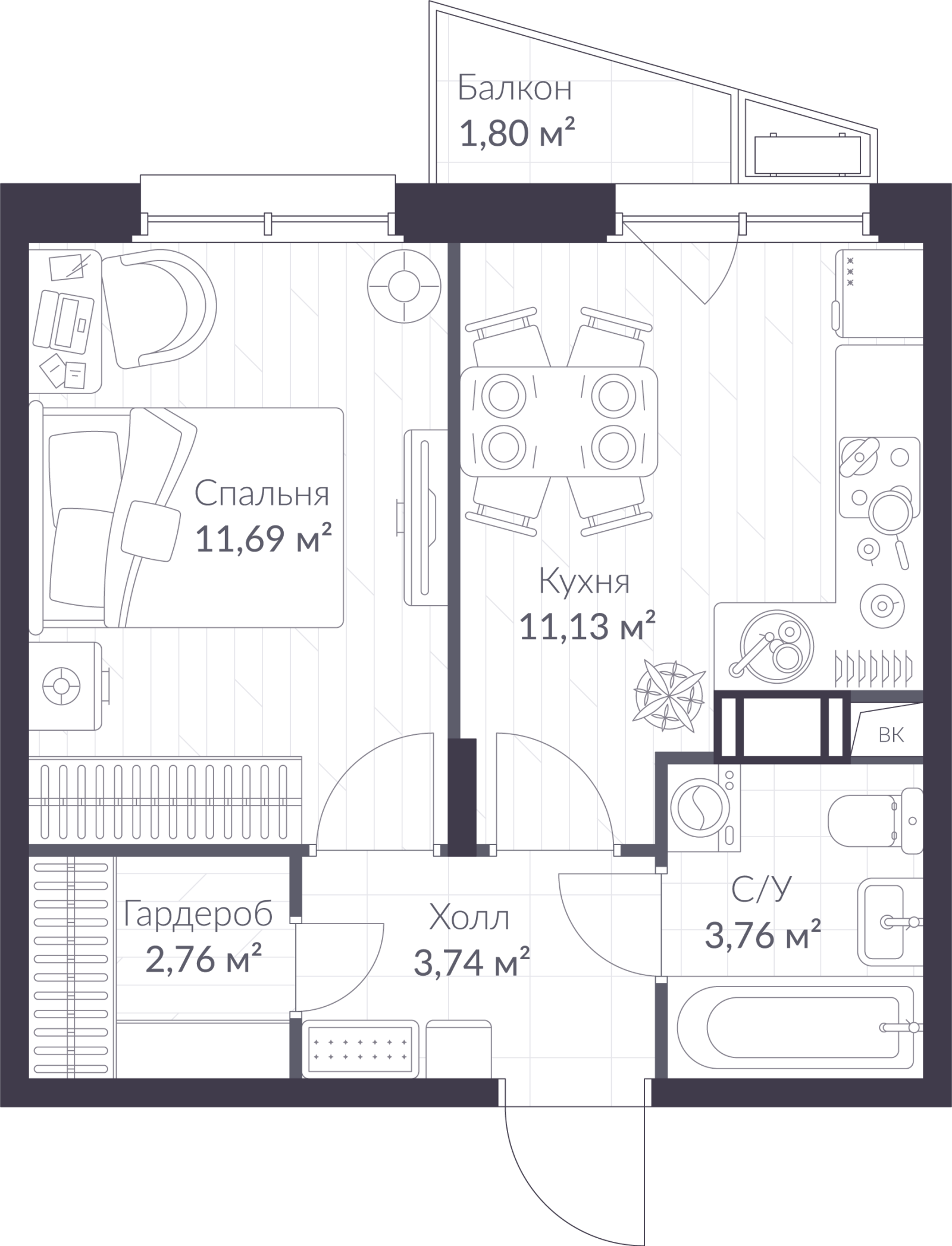 Планировка: 1-комнатная квартира, 33,6 м²