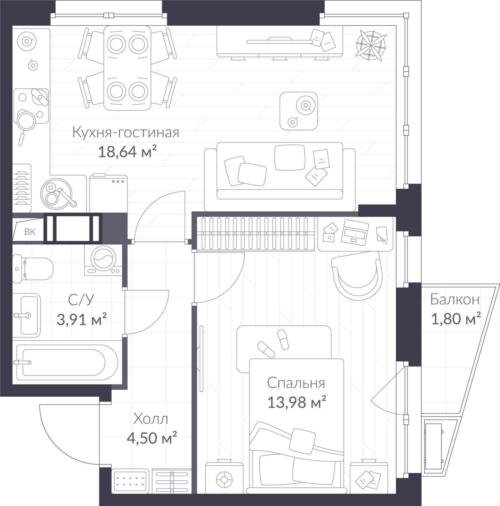 Планировка: 2-комнатная квартира, 41,6 м²