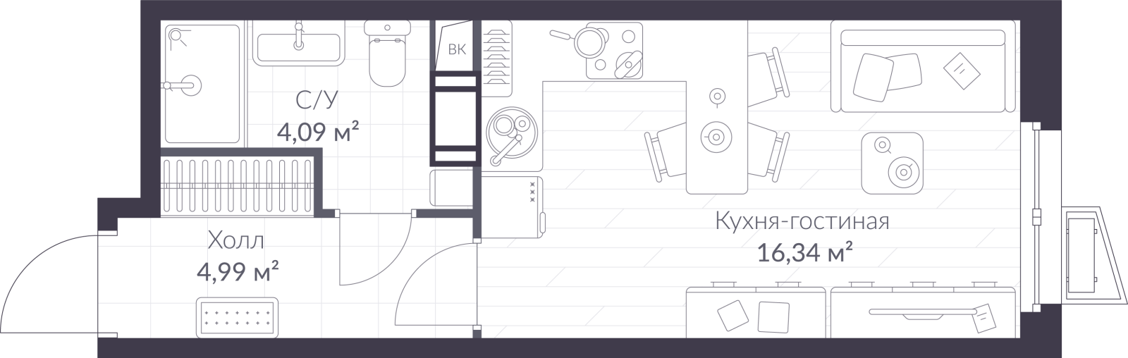 Планировка: студия, 25,4 м²