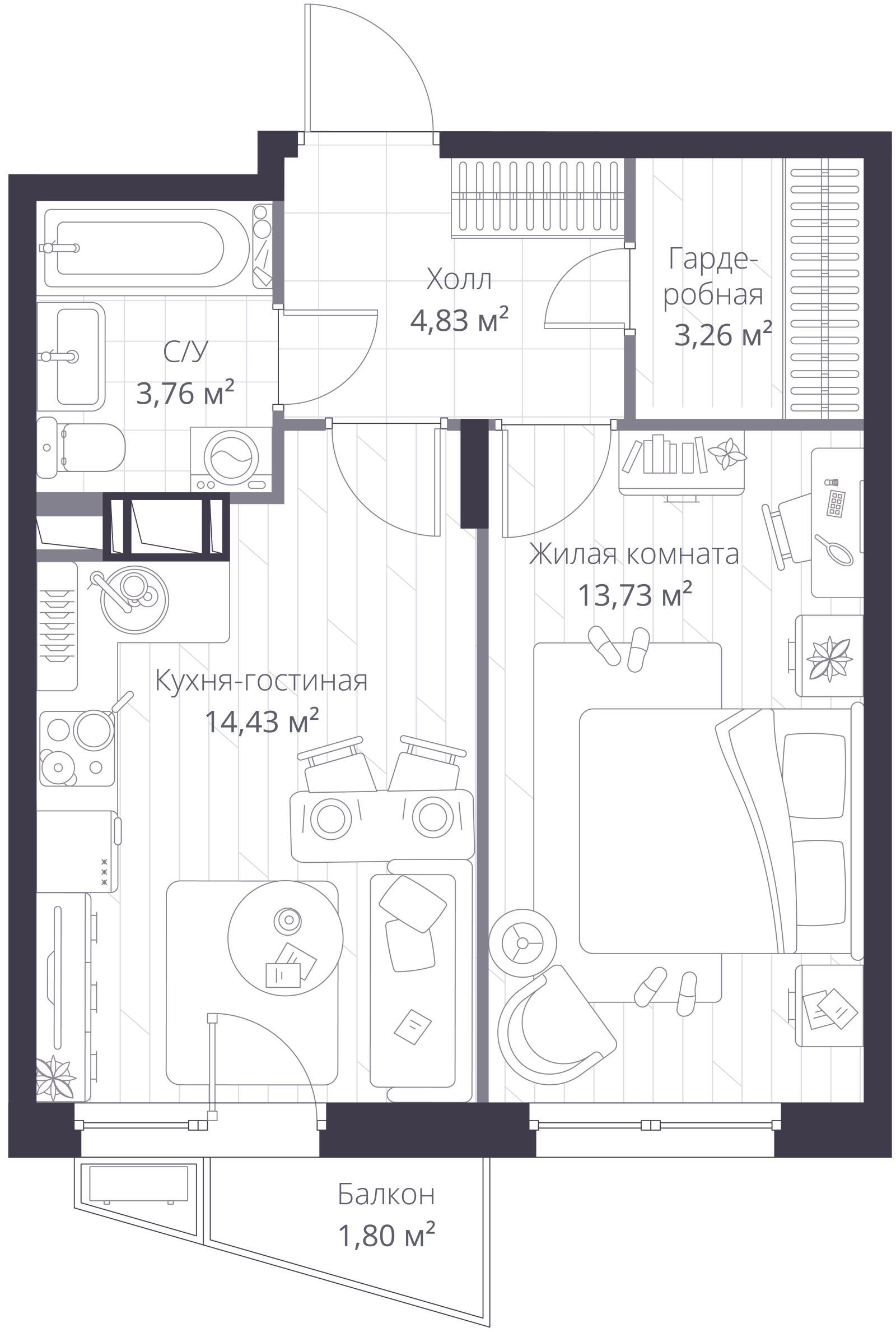 Планировка: 2-комнатная квартира, 40,6 м²