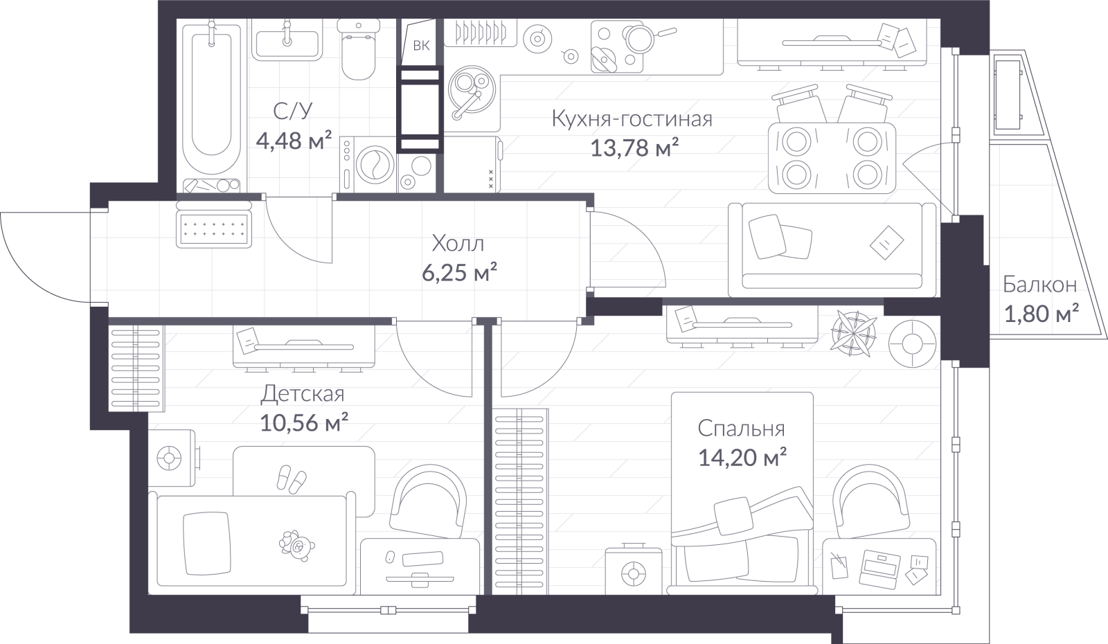Планировка: 3-комнатная квартира, 49,8 м²