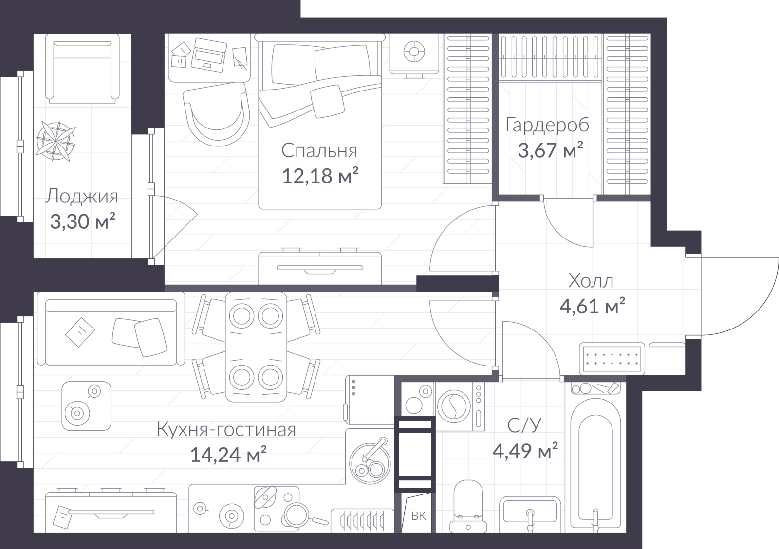 Планировка: 2-комнатная квартира, 40,8 м²