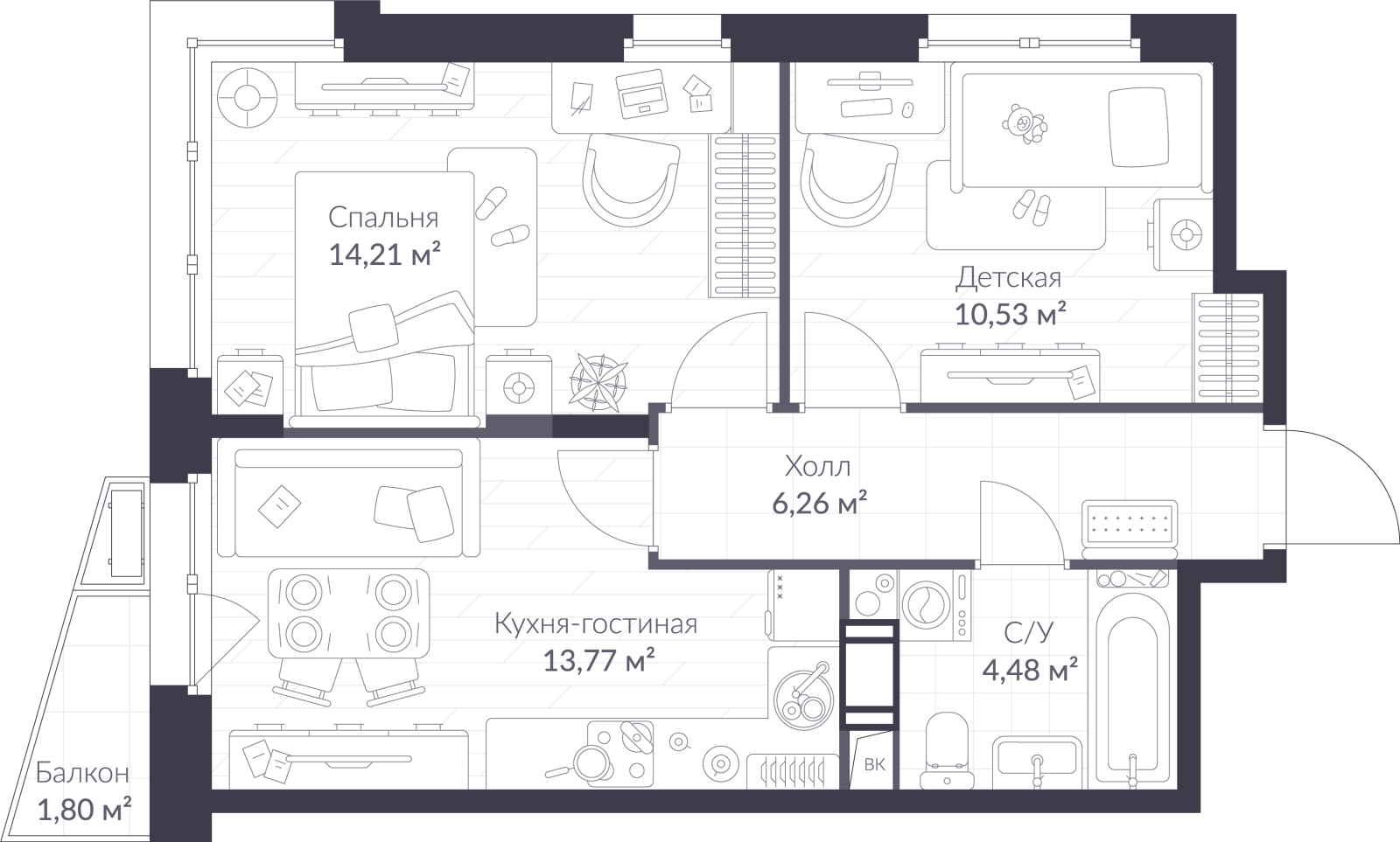 Планировка: 3-комнатная квартира, 49,8 м²