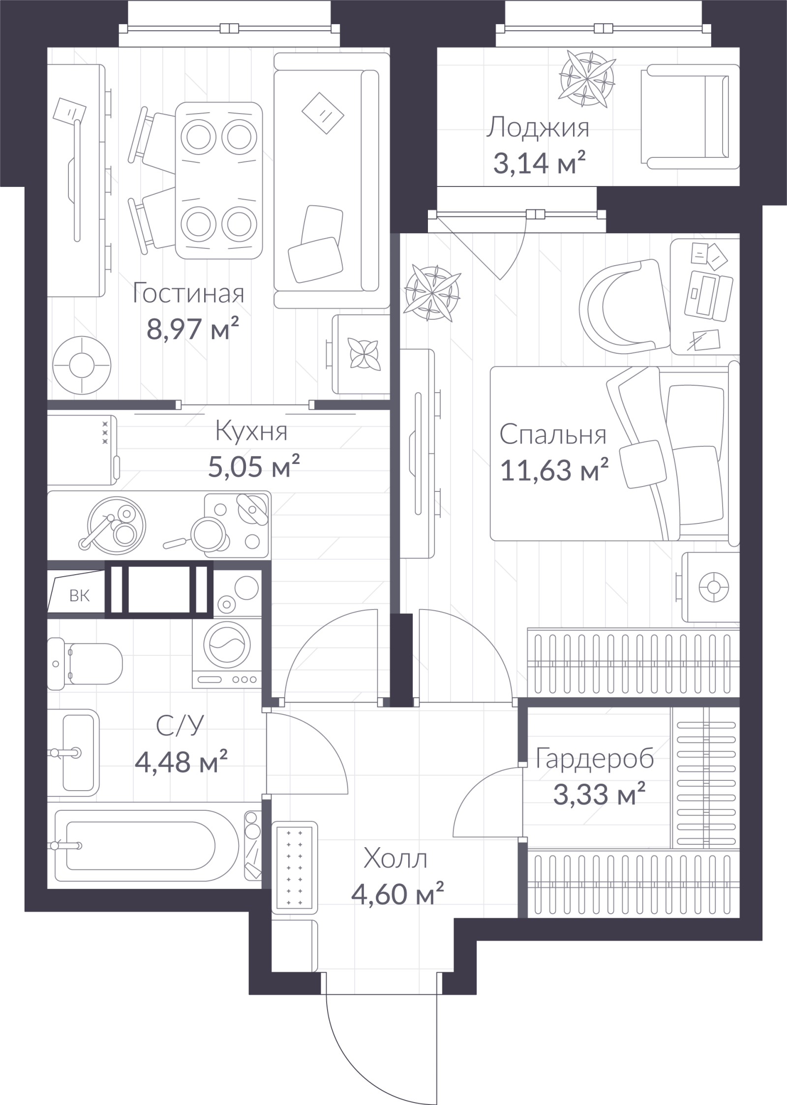 Планировка: 2-комнатная квартира, 39,6 м²