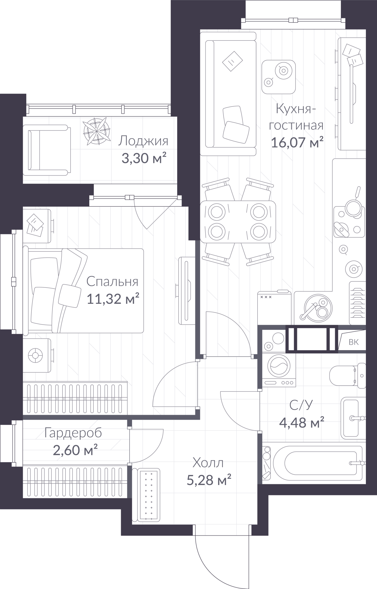 Планировка: 2-комнатная квартира, 41,4 м²