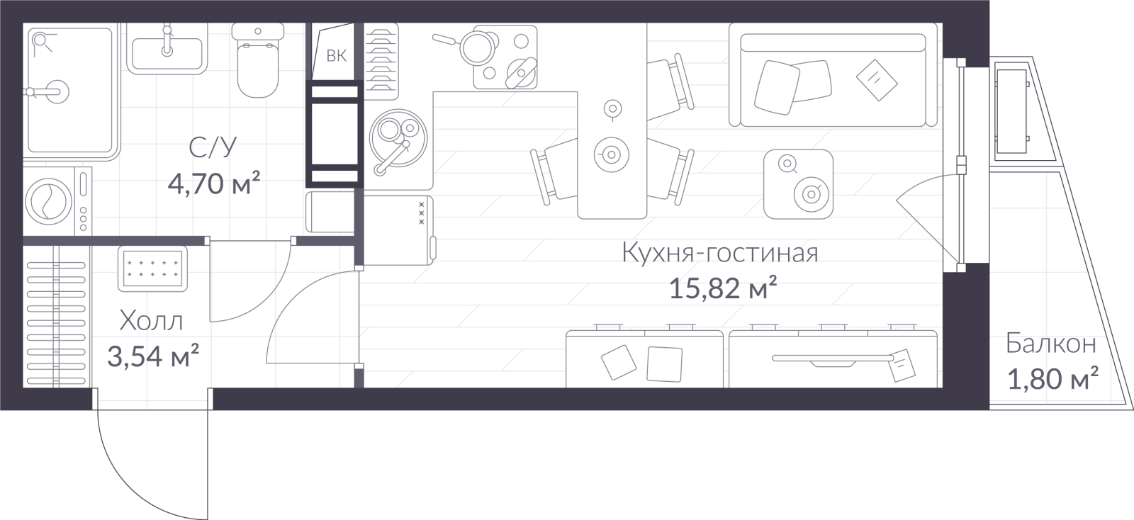 Планировка: студия, 24,6 м²