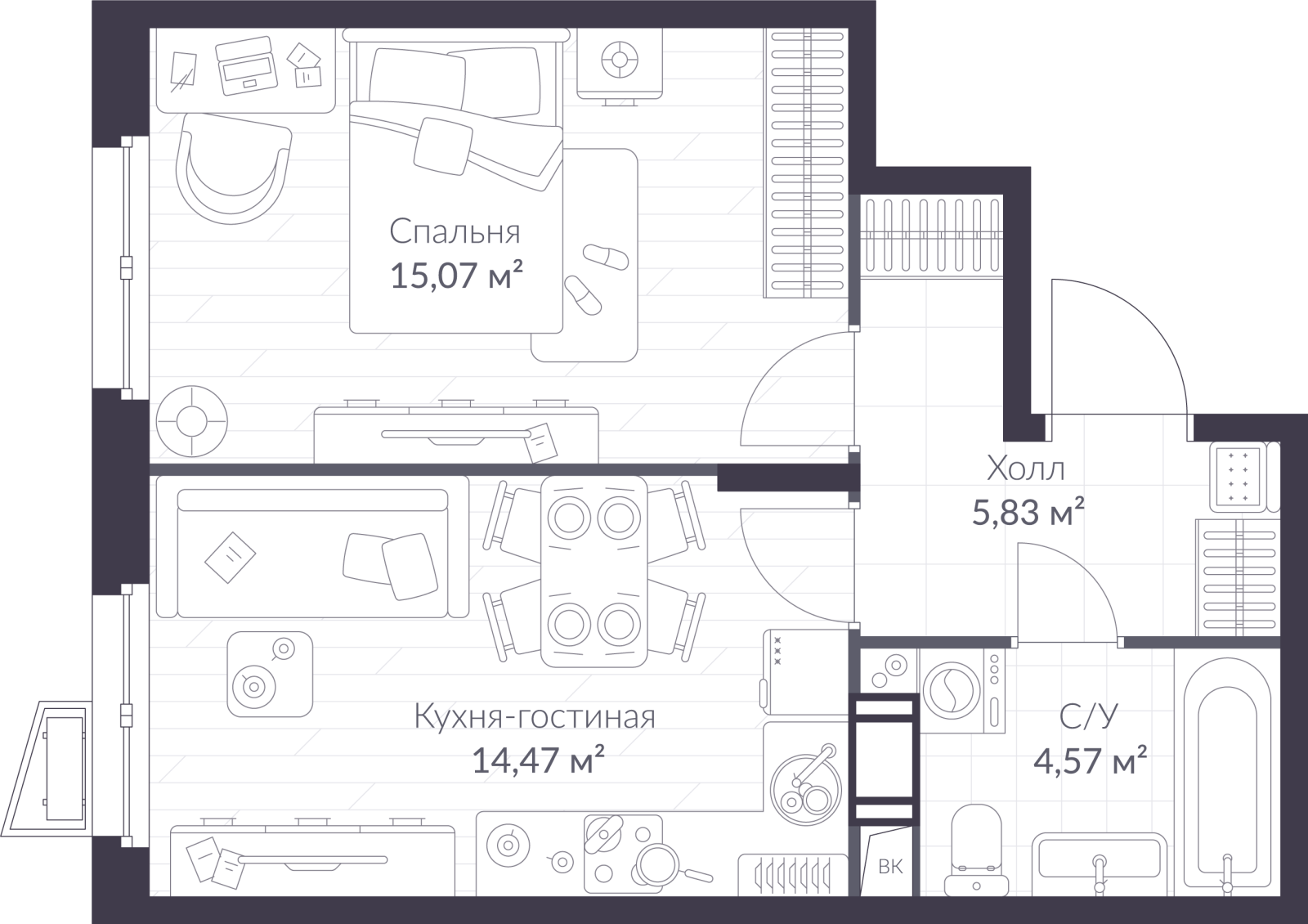 Планировка: 2-комнатная квартира, 39,9 м²