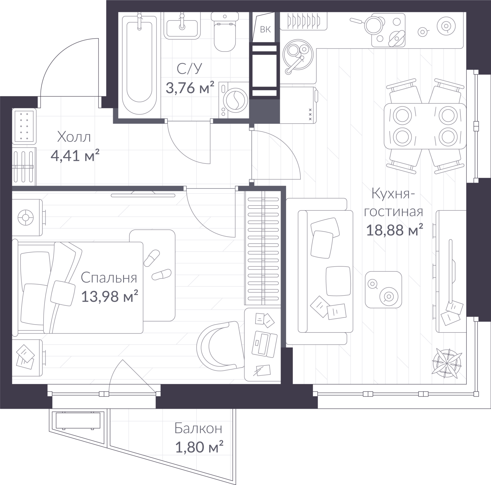 Планировка: 2-комнатная квартира, 41,6 м²