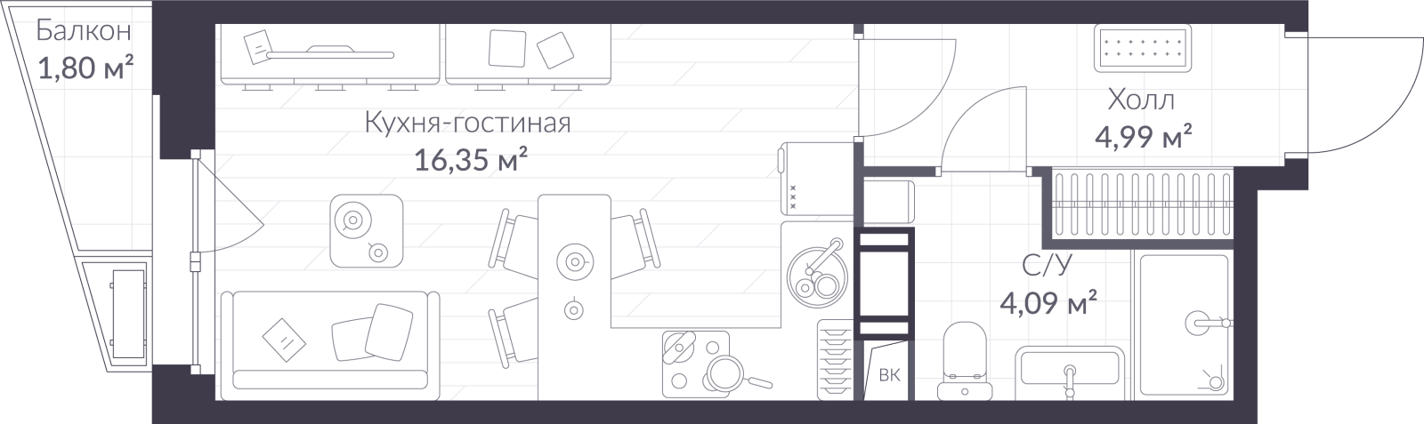 Планировка: студия, 26,0 м²