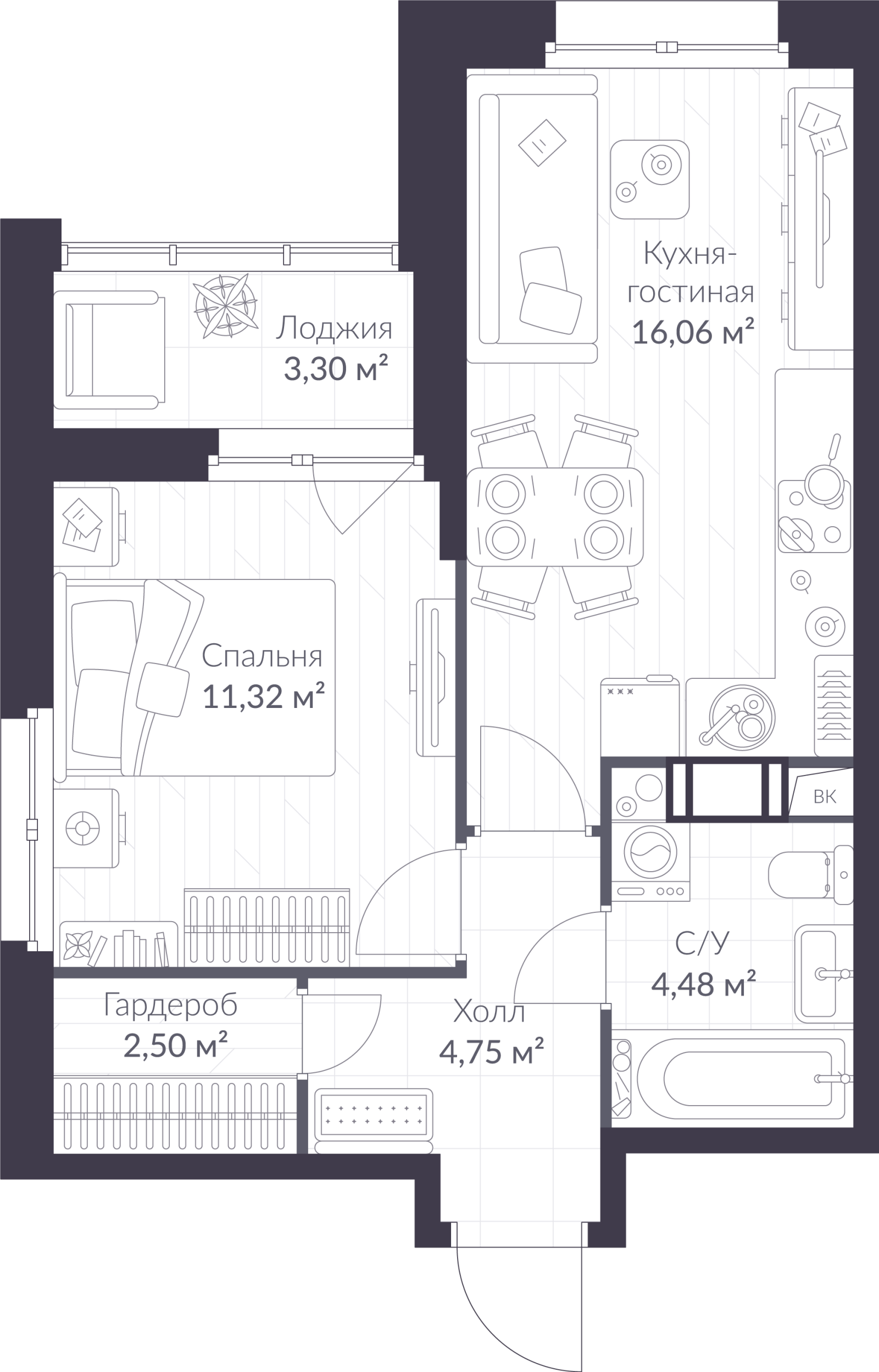 Планировка: 2-комнатная квартира, 40,8 м²