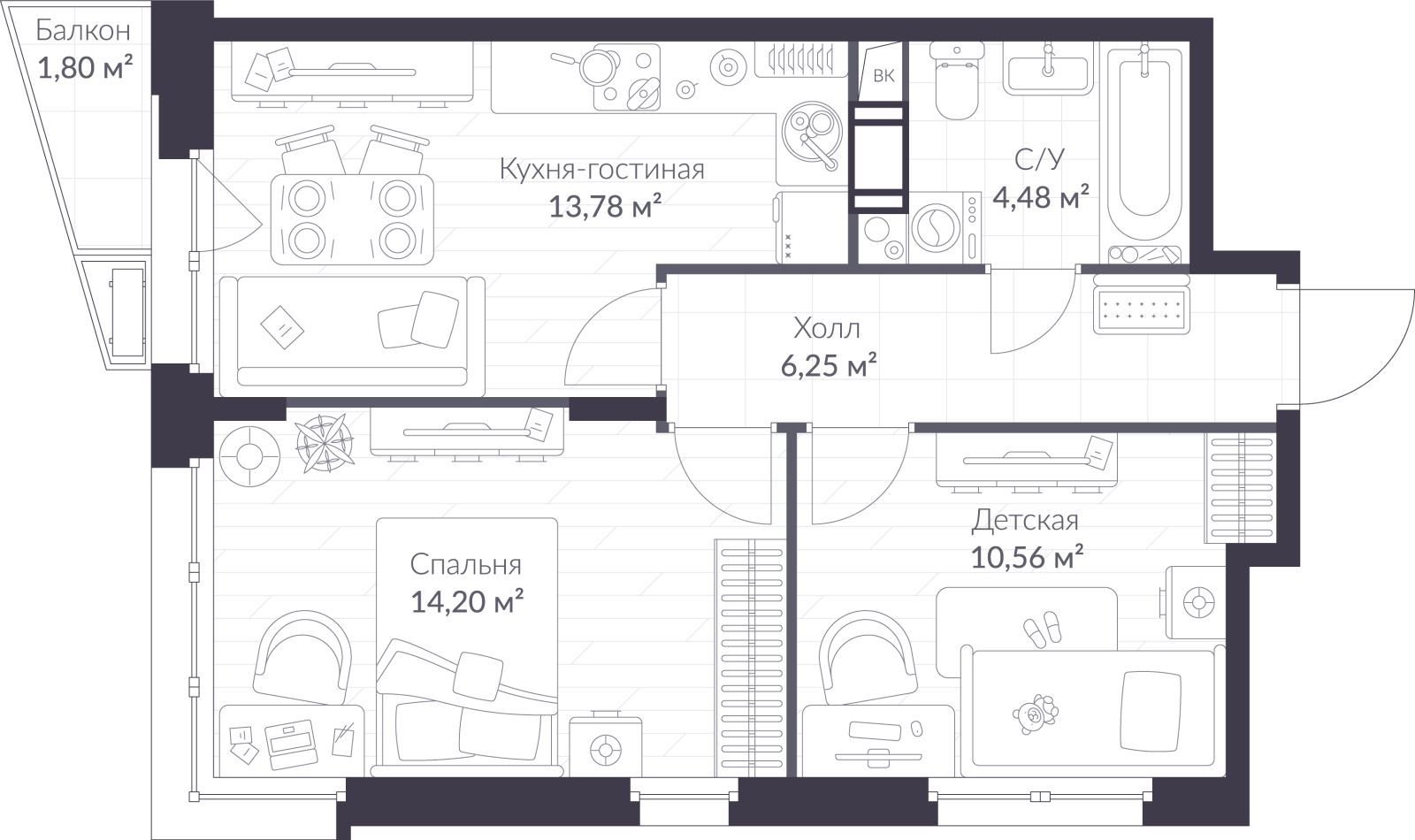 Планировка: 3-комнатная квартира, 49,8 м²