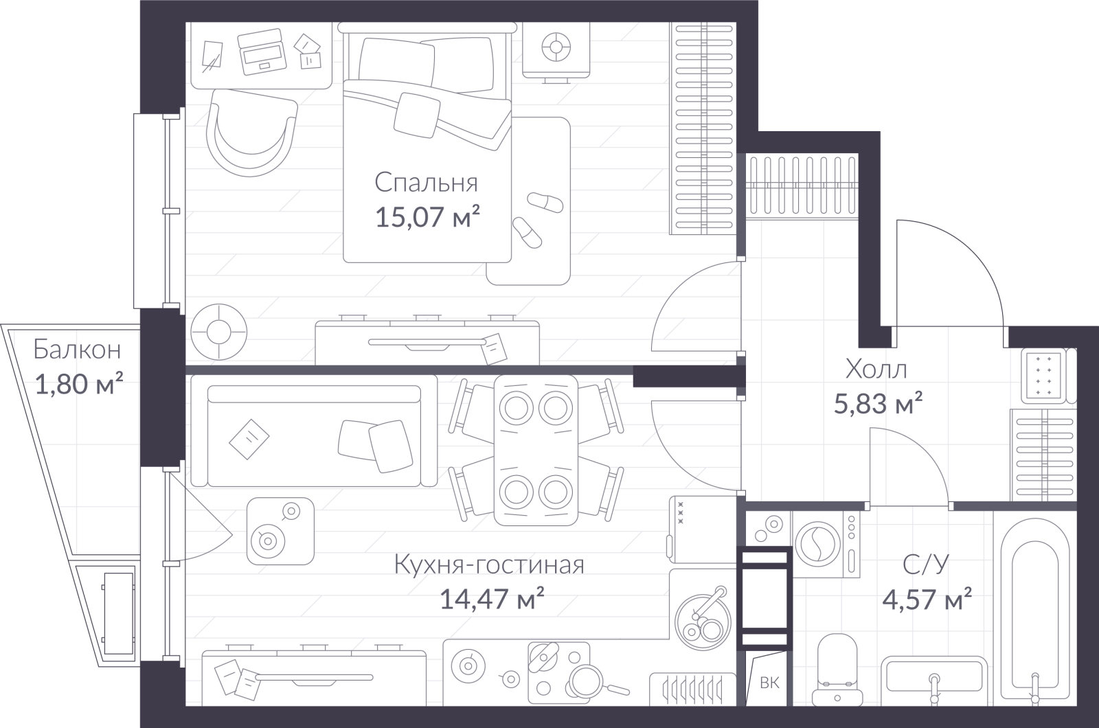 Планировка: 2-комнатная квартира, 40,5 м²