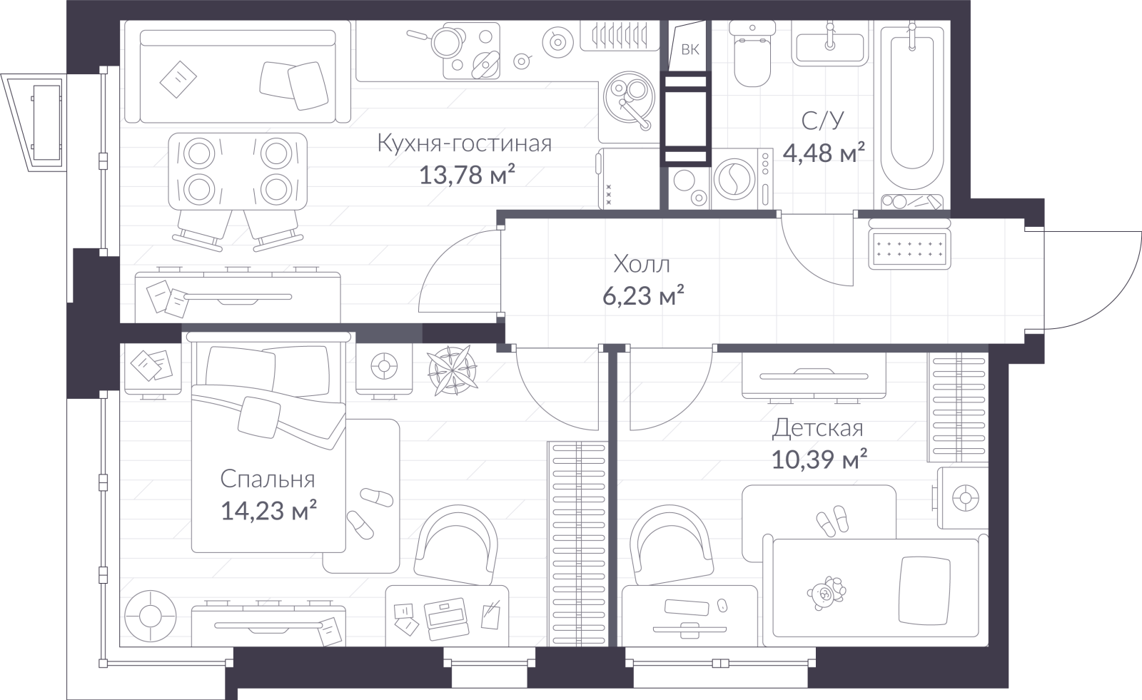 Планировка: 3-комнатная квартира, 49,1 м²