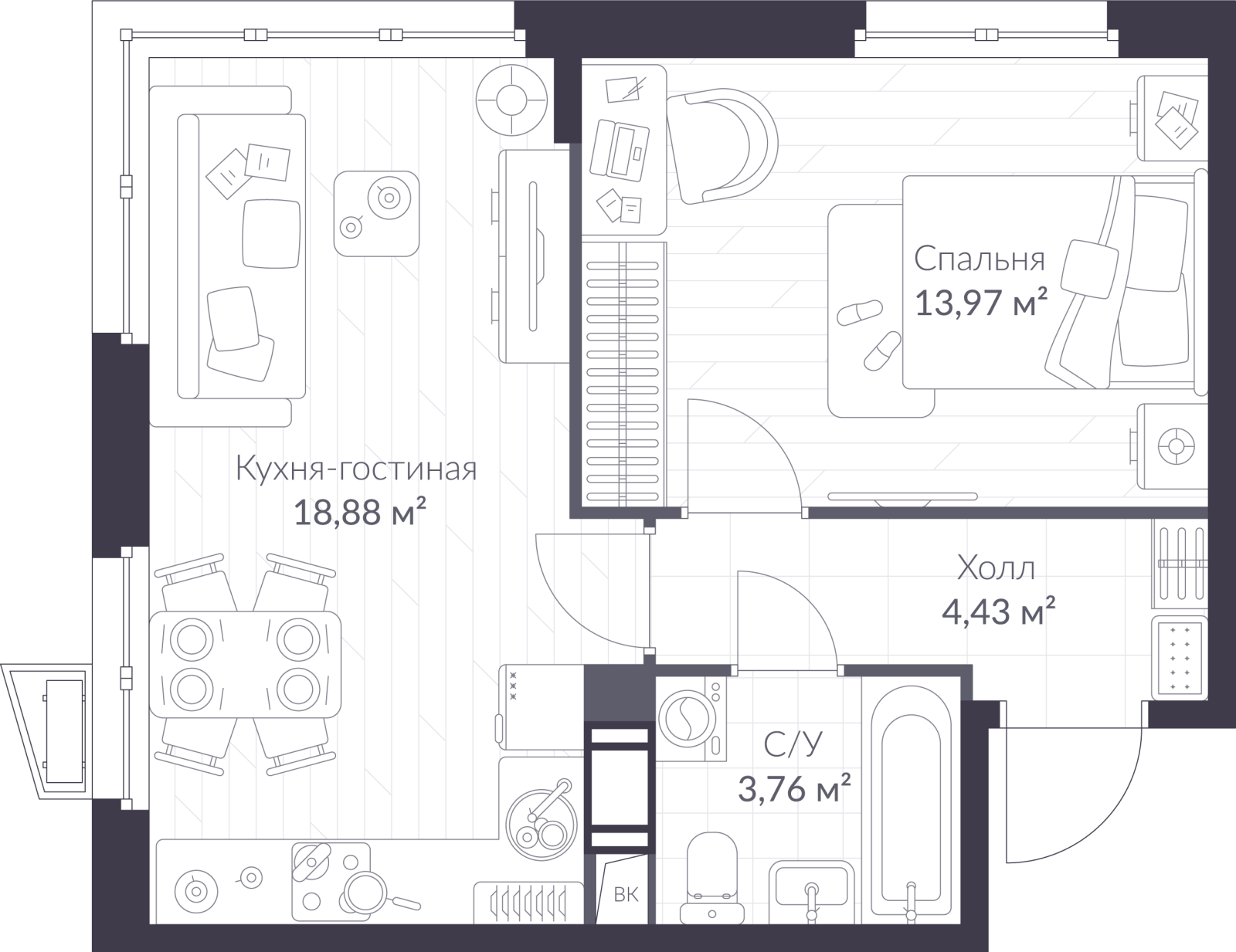 Планировка: 2-комнатная квартира, 41,0 м²